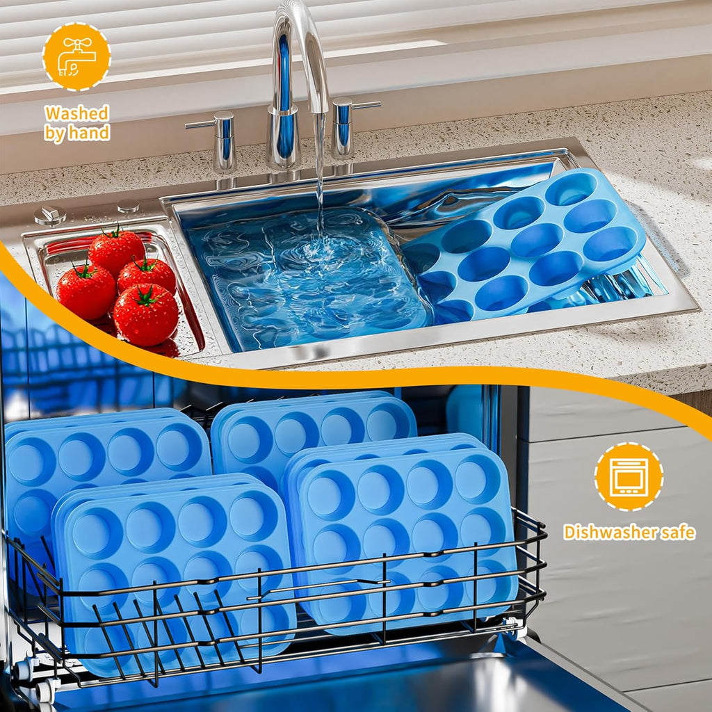 Bangp 12-Cup Silicone Muffin Pan with Metal Reinforced Frame,2 Pack Regular Size Cupcake Pan,Premium Non-Stick Bend Resistance Silicone Molds for Making Muffin,Cakes,Tart,Egg Bites (Blue)
