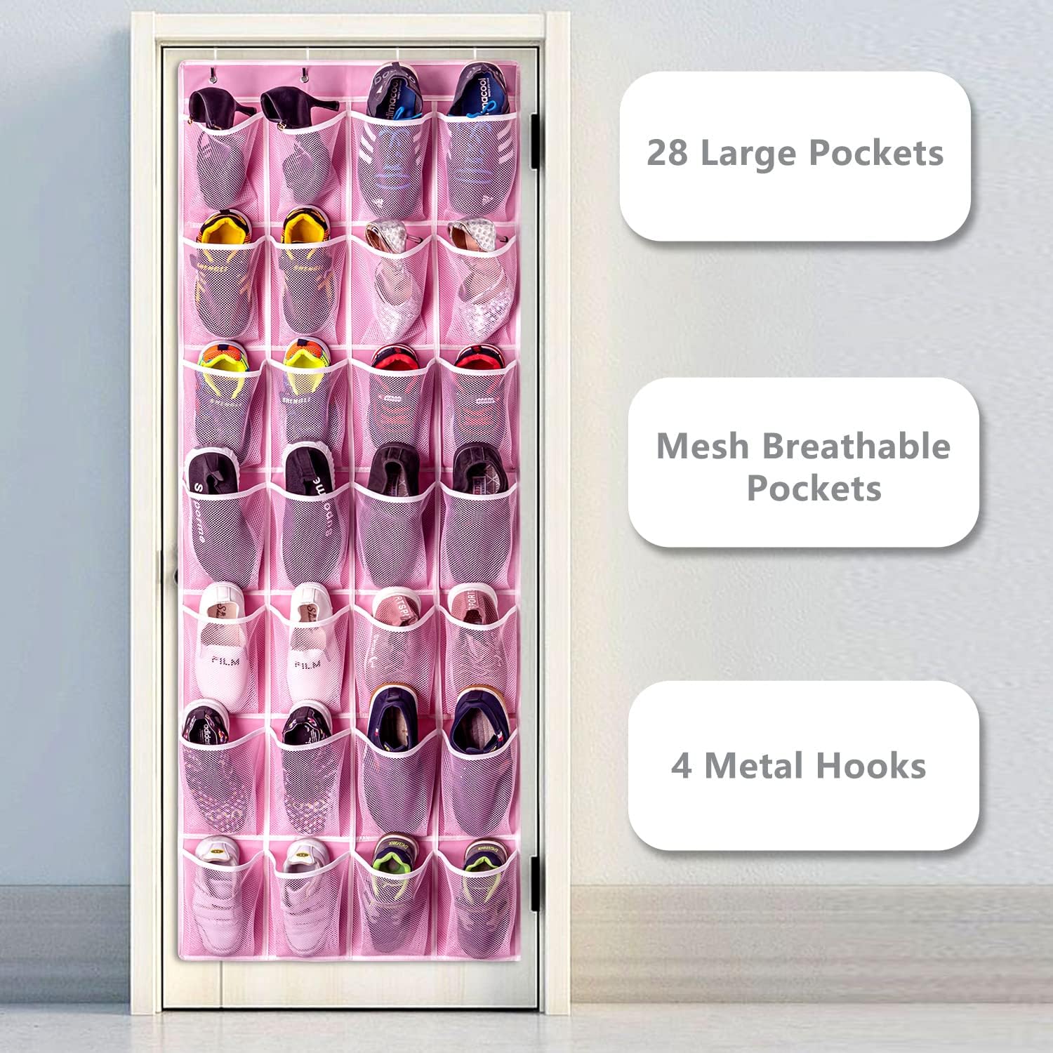 KEEPJOY 28 Pocket Over The Door Shoe Organizer, 2Pack Hanging Shoe Organizer for Door, Hanging Door Shoe Holder Rack with Mesh Pockets Large Size 65 x 23 inch (Pink-2Pack)