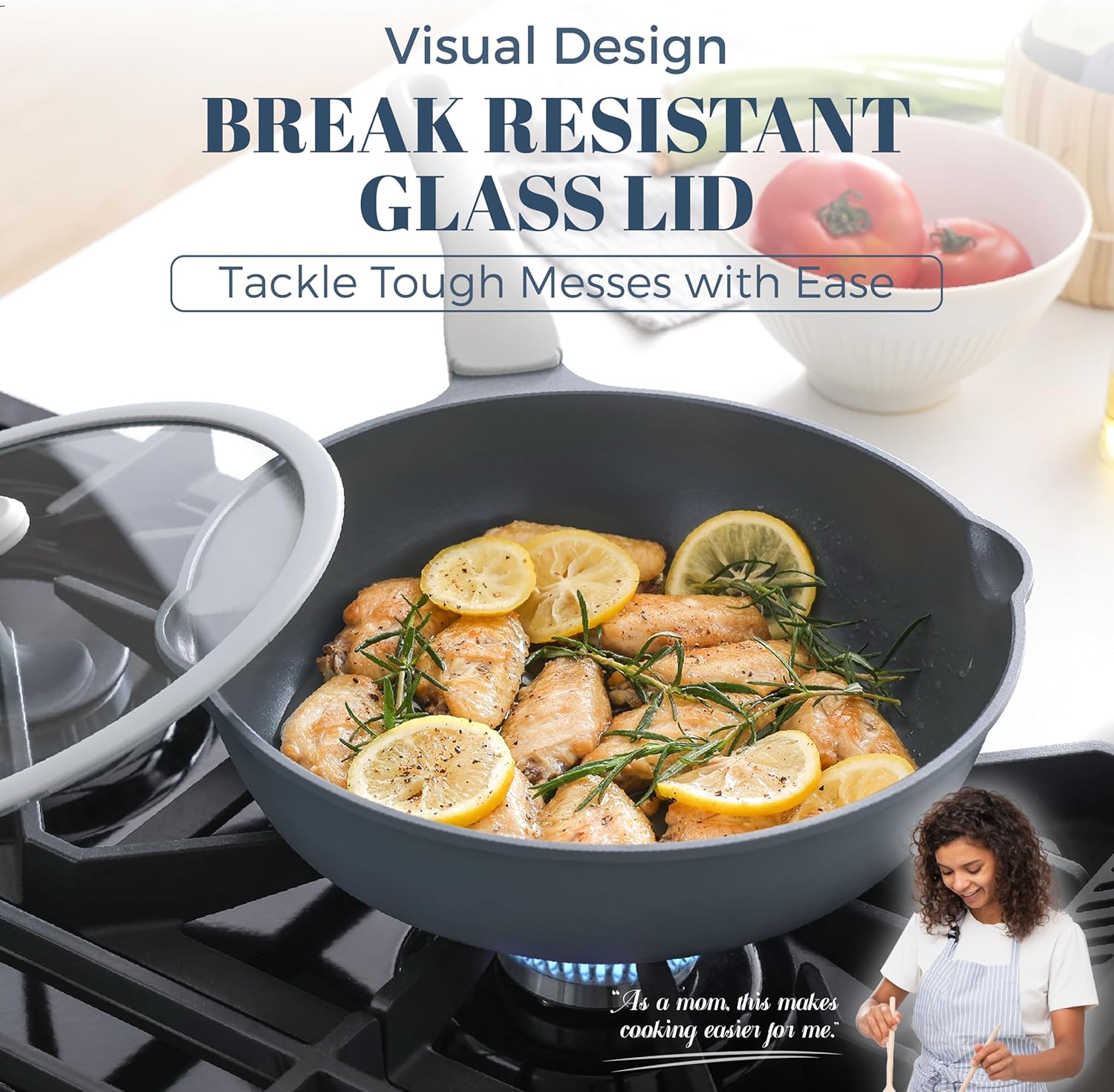 Ceramic Nonstick Deep Saute Pan with Lid, 10 Inch/3.2 QT Non Toxic Pans with Double Pour Spout, Helper Handle and Lid, Metal Utennsil Safe, Dishwasher Safe, (Gray)