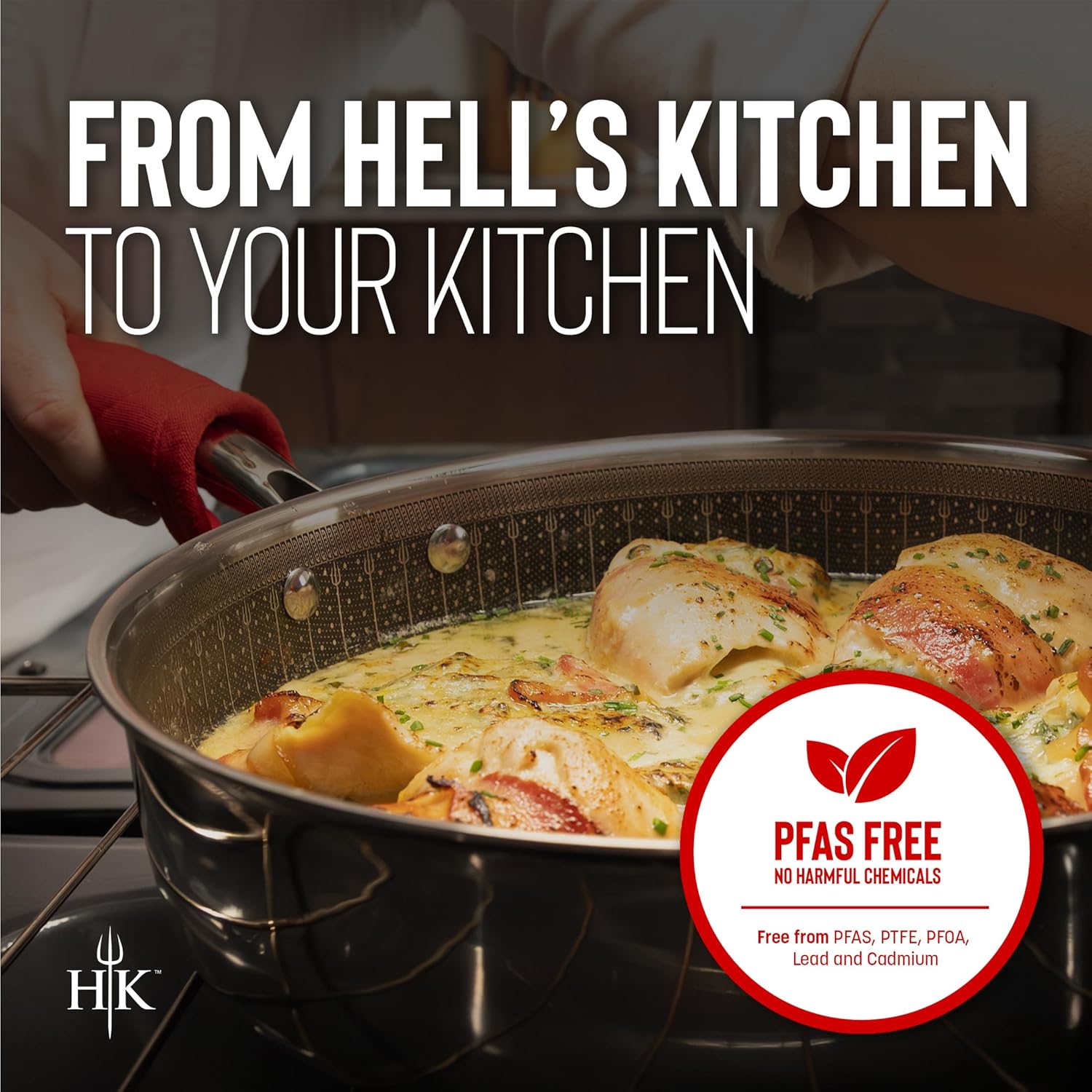 Hell's Kitchen Hybrid Saucepan & lid, Tri-Clad Stainless Steel and Nonstick Ceramic, PFAS Free, no PFOA, no PTFE, no Teflon, Non Toxic Cookware, Metal Utensil Safe, All Cooktops and Oven Safe (1.5 Qt)