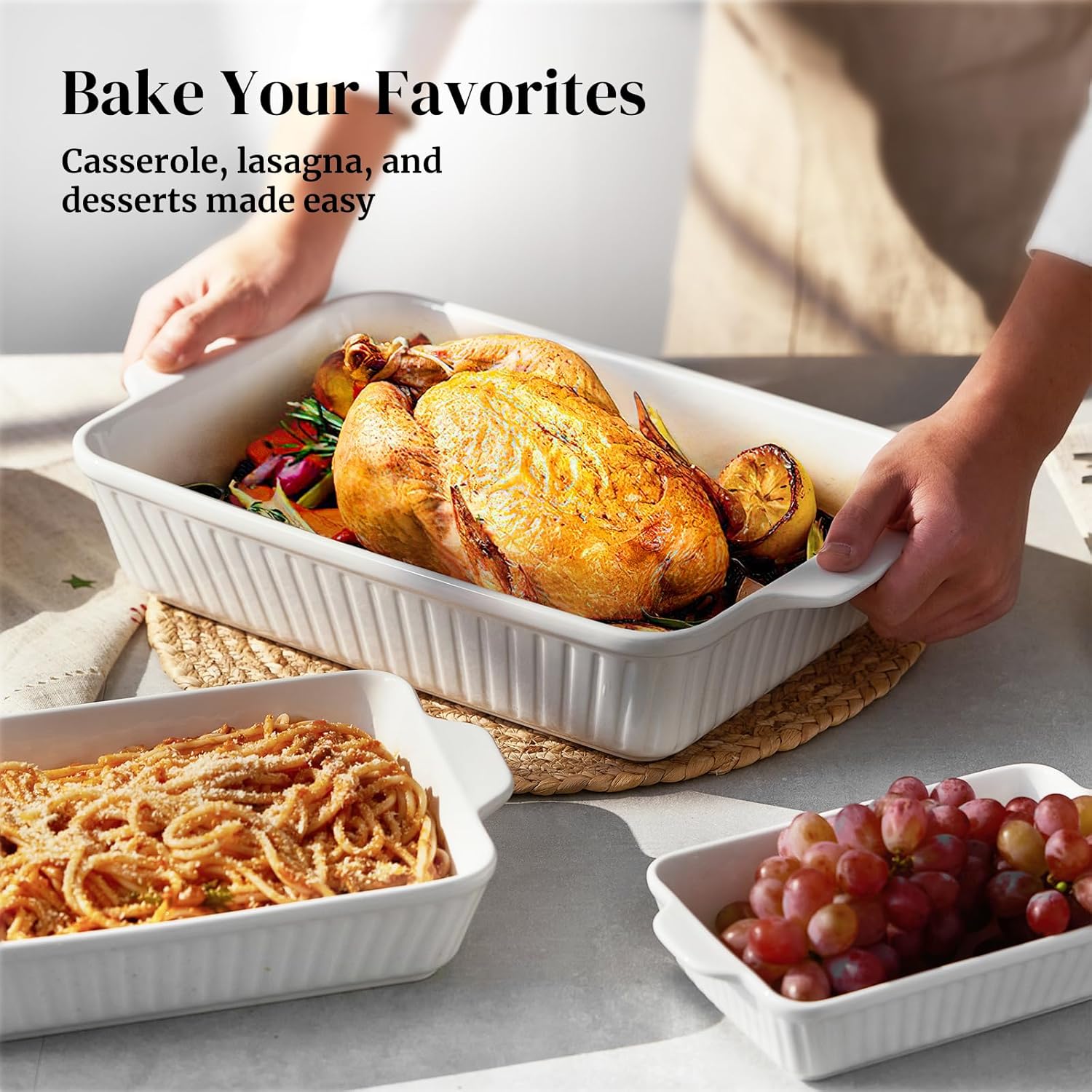 DOWAN Casserole Dishes for Oven, Baking Dishes Set, Ceramic Bakeware Sets of 3, Lasagna Pan Deep, Rectangular Baking Pan Set with Handles for Baking, Casserole, Kitchen, Wedding Gift, Soft White (15.6''/12.2''/8.9'')