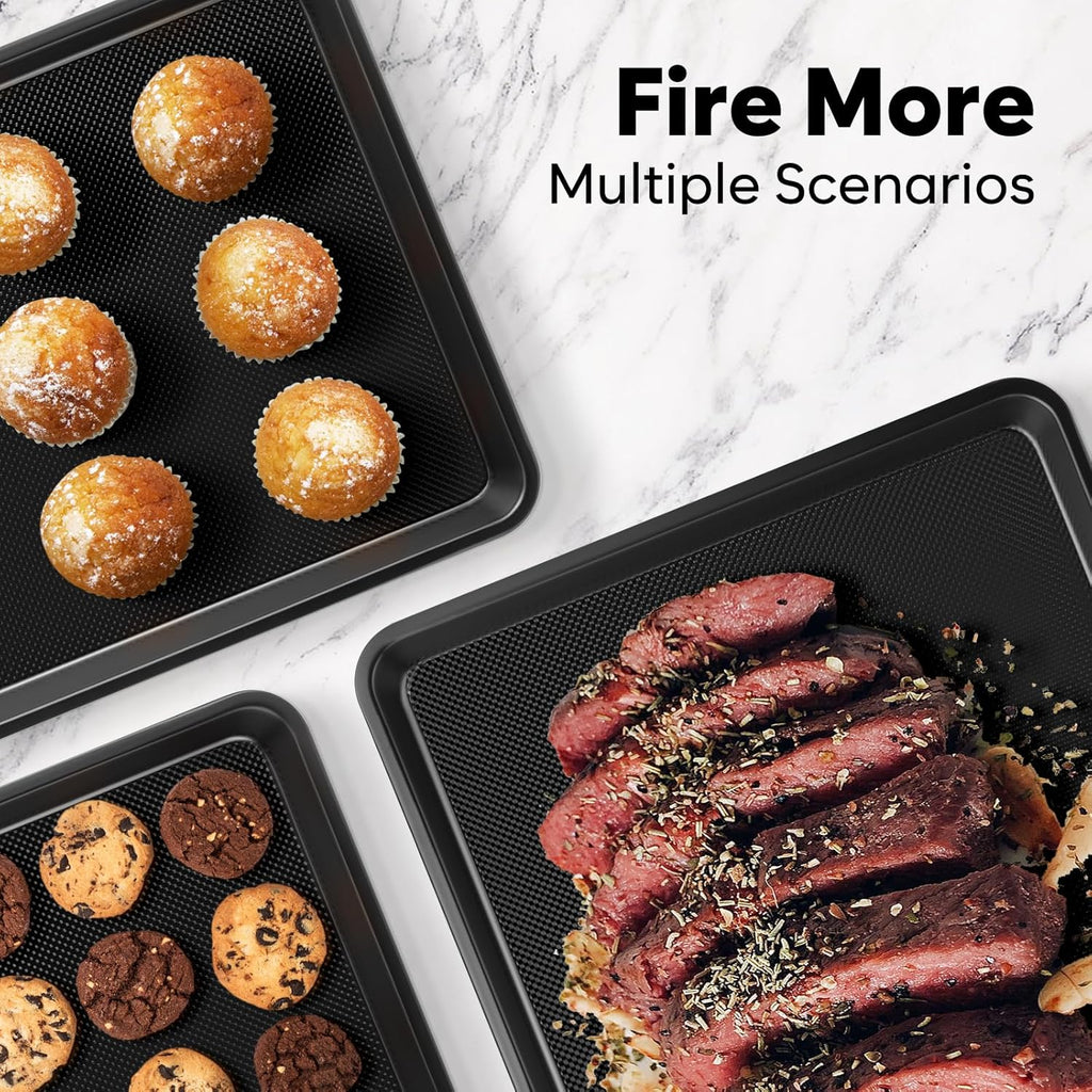 4 Pack Baking Sheet Pan Set Non Stick, Carbon Steel Cookie Sheets for Baking with Wire Rack, Cooling Racks for Cooking and Baking, Thicker Ceramic Half/Quarter/Jelly Roll Baking Trays for Oven