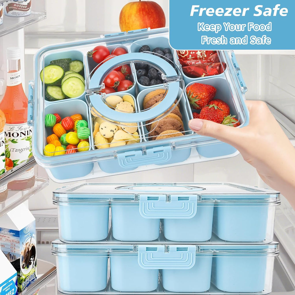 shopwithgreen 2Pcs Snackle Box Container, Divided Serving Tray with Lid and Handle, Snack Box Container Food Platter Charcuterie for Party, Veggies, Snack, Fruit, Nuts, Entertaining, Picnic,Blue