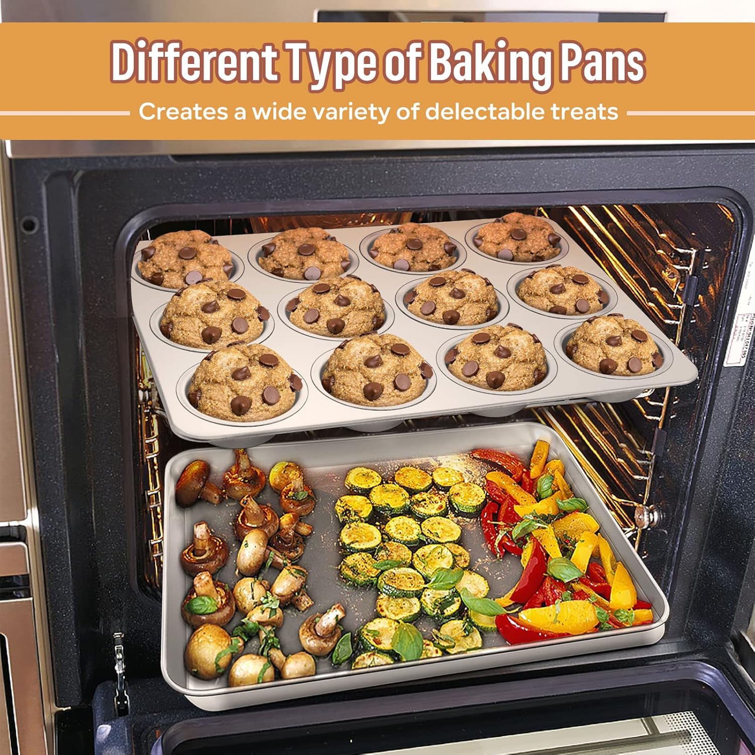 E-far 6-Piece Baking Pans set, Stainless Steel Bakeware Set for Oven, Include 8-Inch Cake Pan/Rectangle Baking Cookie Sheet/Muffin/Loaf Pan, Non-Toxic & Heavy Duty, Dishwasher Safe