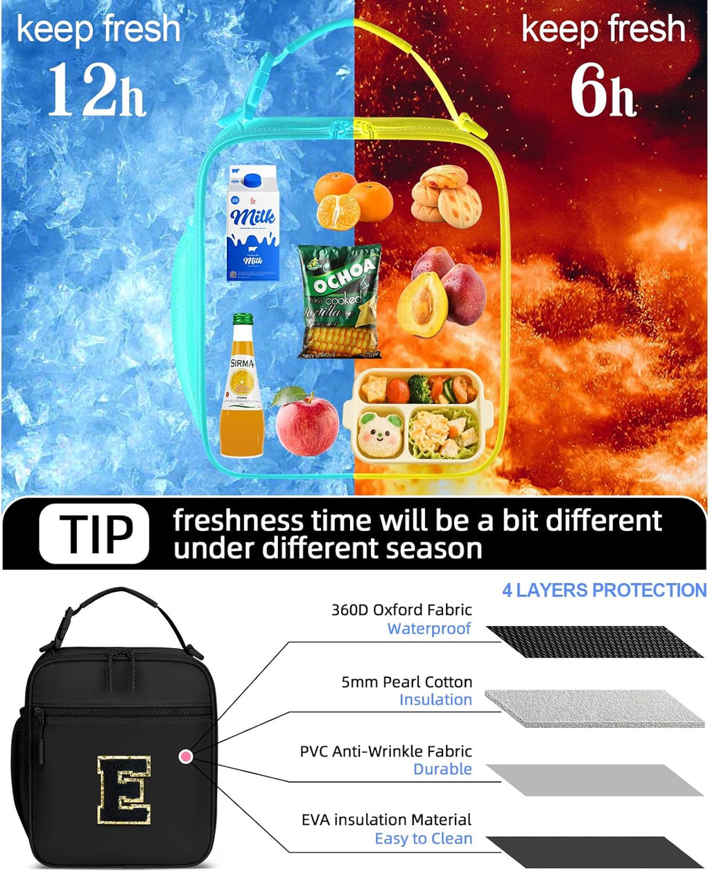 Initial Insulated Lunch Bag for Boys Kids, Back to School Gift, Reusable Leak-proof Lunch Box with Adjustable Strap for School Daycare Travel Picnic（Black，E）