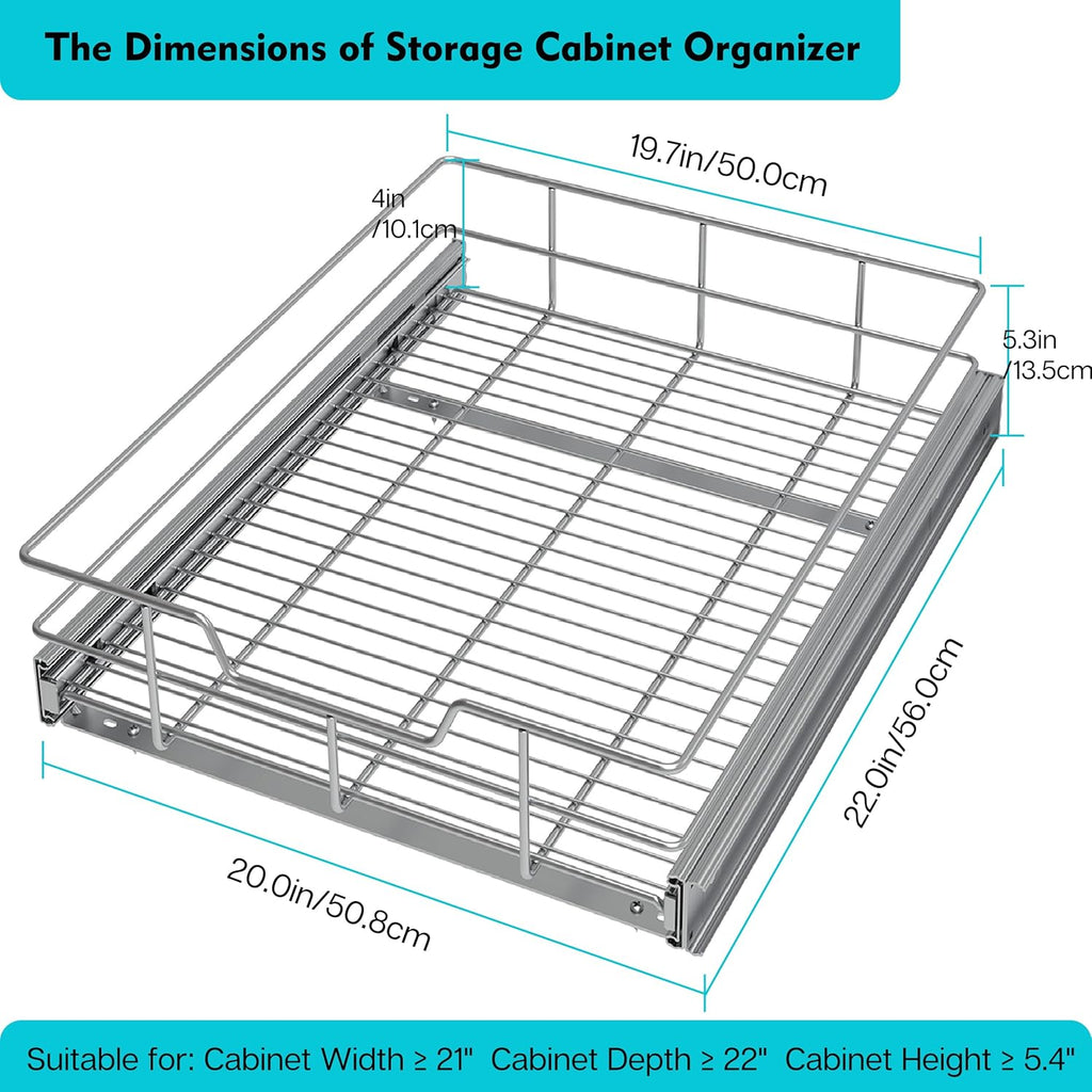 Pull Out Cabinet Organizer 20" W X 22" D, Slide Out Drawers For Kitchen Organizers and Storage, Pull Out Drawers For Cabinets Capacity Heavy Duty Caddy, Cabinet Shelves Chrome-Plated, Bathroom Pantry