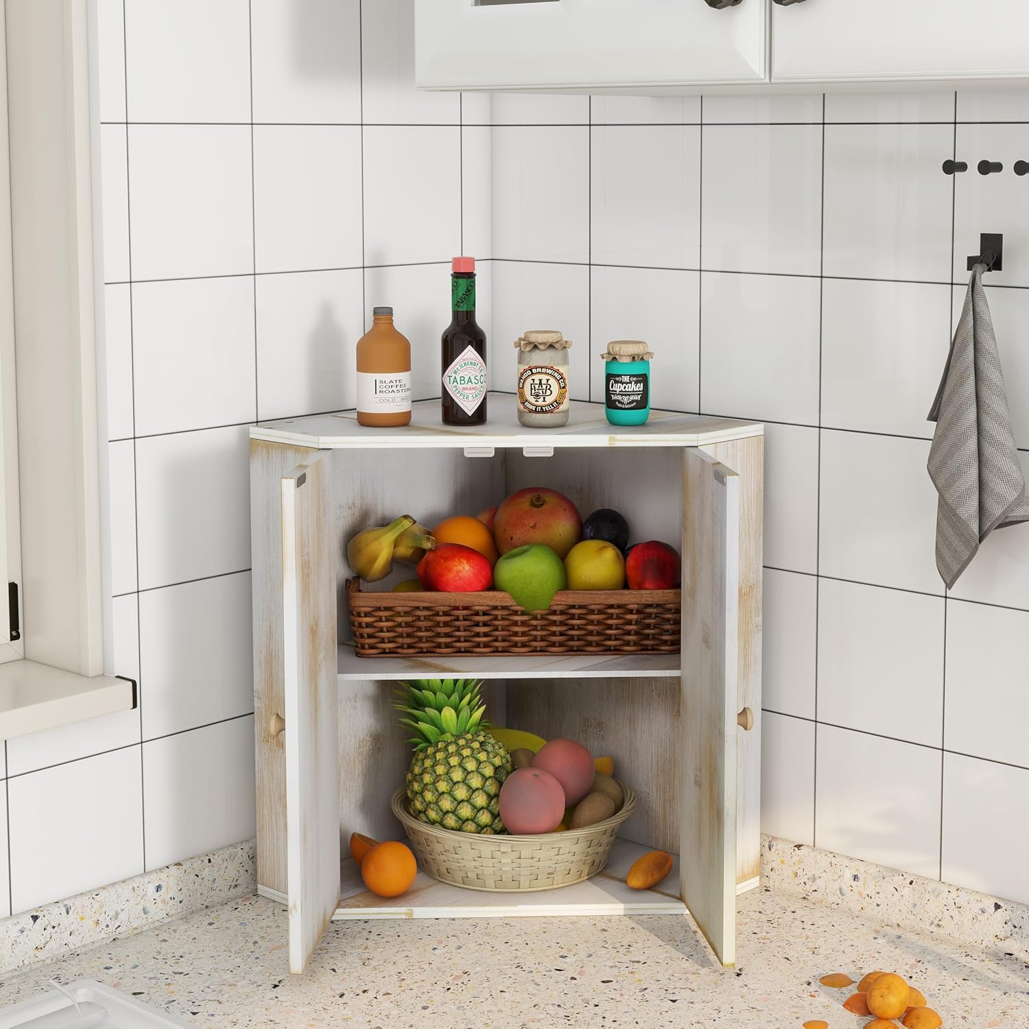 Corner Bread Box for Kitchen Counter Double Layer Bamboo Bread Storage Container Large Capacity Bread Storage Bin Farmhouse Breadbox Organizer
