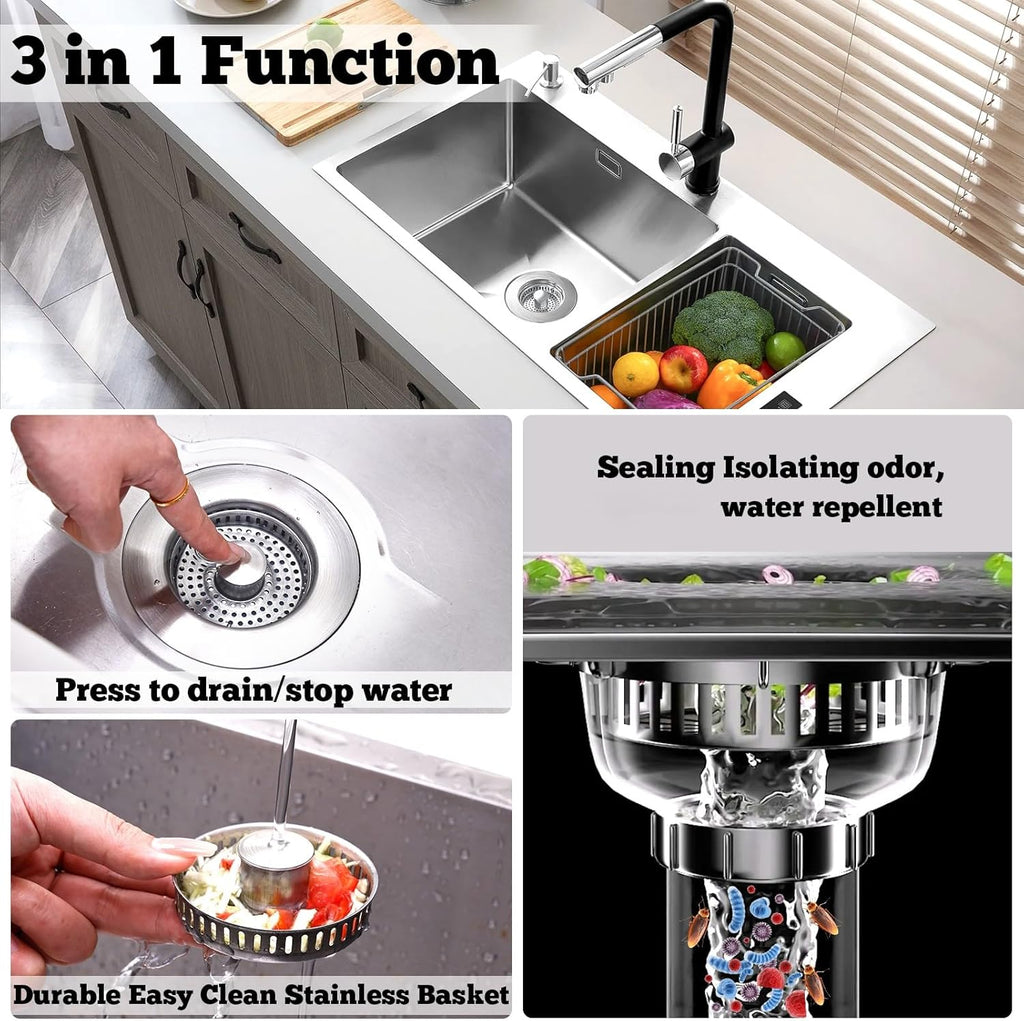 Upgraded 3 in 1 Kitchen Sink Drain Strainer Stopper, Brushed Stainless Steel SUS 304 Pop Up Sink Drain Stopper for Standard 3-1/2 Inch Drain Anti-Clogging Odor Prevention