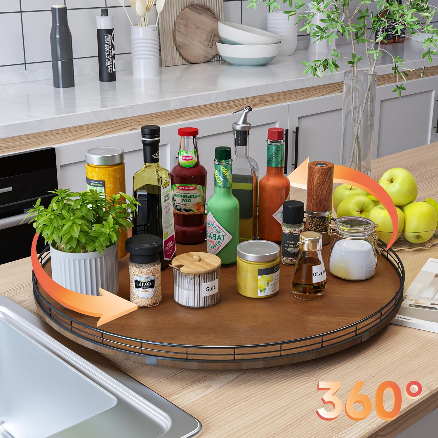 Farmhouse Oak 24" Lazy Susan Turntable Organizer for Cabinet, Round Wooden Lazy Susan Organization and Storage for Dining Table, Pantry, Kitchen, Countertop, Cupboard,Home Decor, Walnut