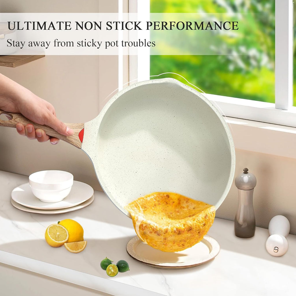 Vinchef Nonstick Deep Frying Pan, Saute Pan with Lid, 11"/5Qt, German 3C+ Ceramic Coating, Induction Compatible, White Color, Cookware for Kitchen