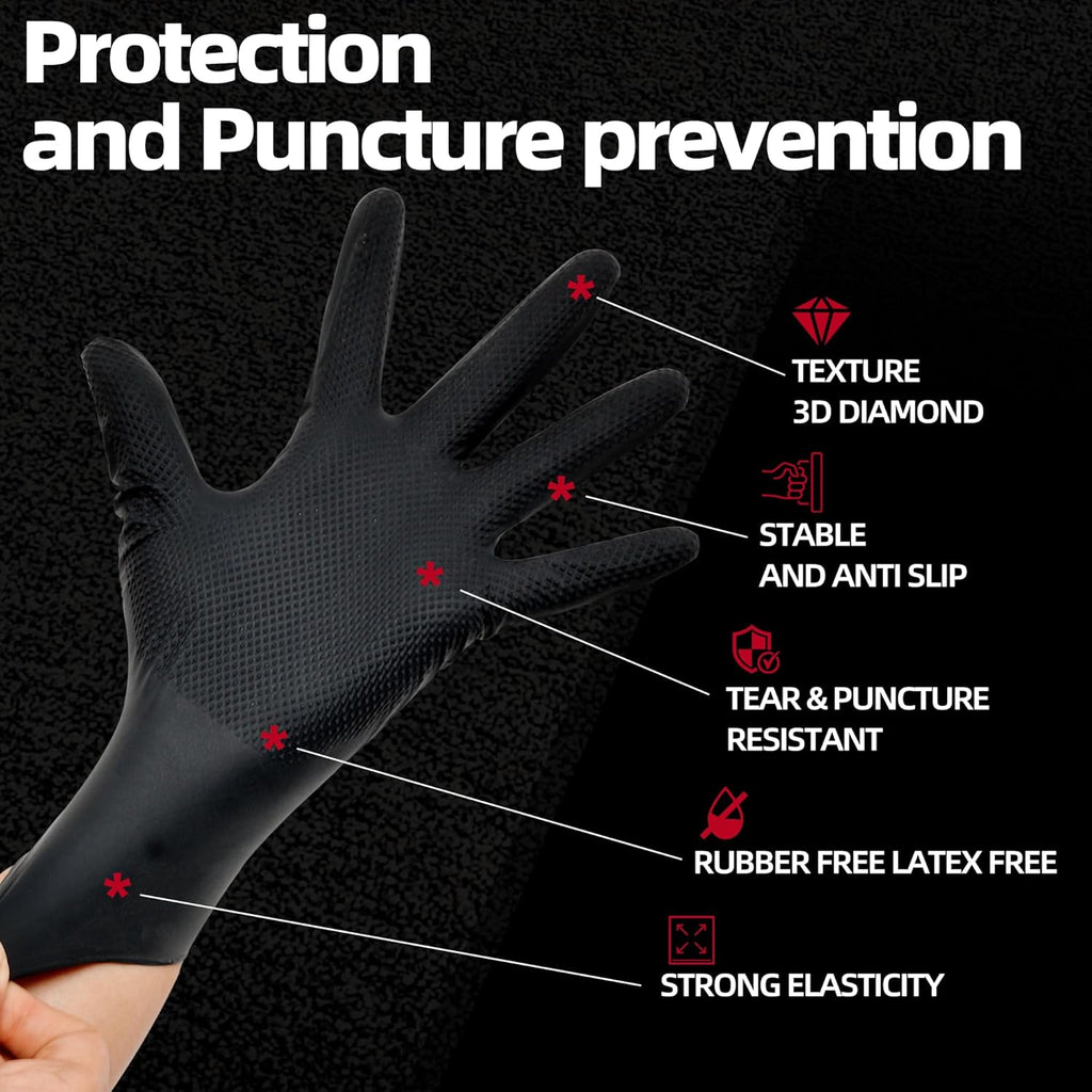 Jointown Basic Heavy Duty Nitrile Gloves, Mechanic Gloves 8 Mil Nitrile Disposable, with Raised Diamond Texture, Case of 100, Black, Large
