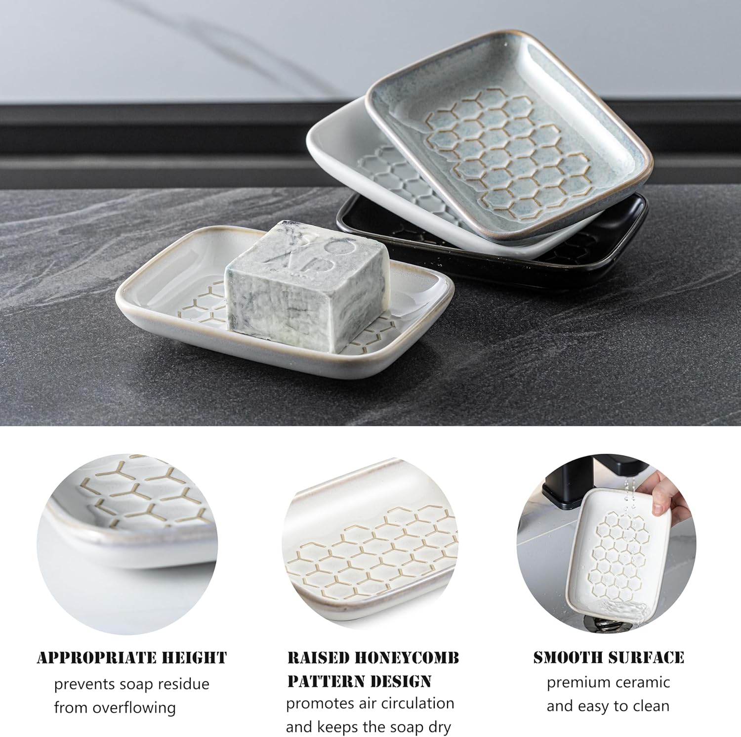 Gomakren Soap Dish for Shower, Bar Soap Holder, Ceramic Soap Dishes for Bar Soap, Sponge Holder Soap Saver Soap Tray for Bathroom Kitchen Sink, 5.5 Inch, Beige