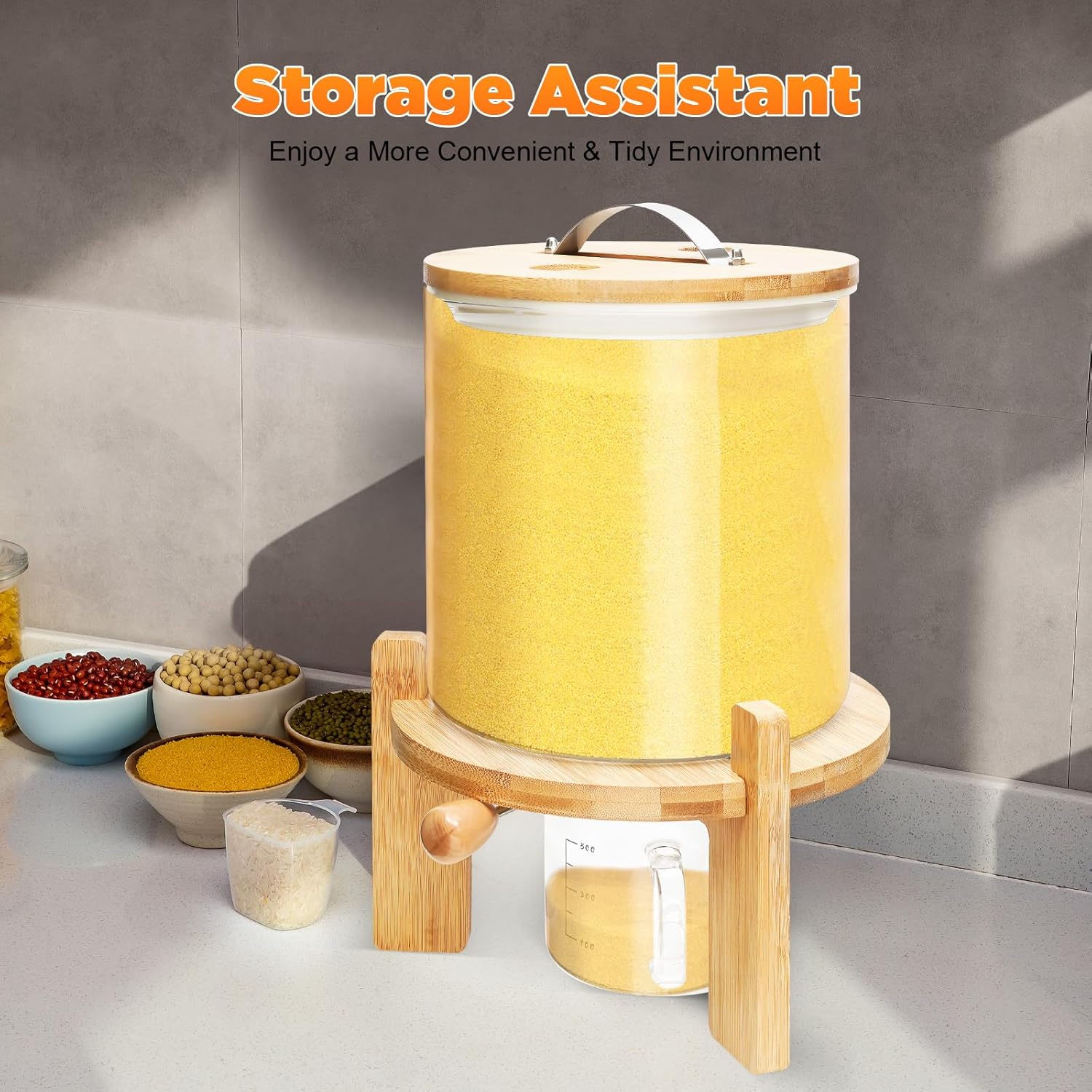 CNCEST Flour and Cereal Container, Glass Rice Dispenser, Countertop Cereal Dispenser with Measuring Cup, Airtight Lid & Wooden Stand for Storing Rice, Flour, Nuts, Coffee Beans (5L/1.32Gal)