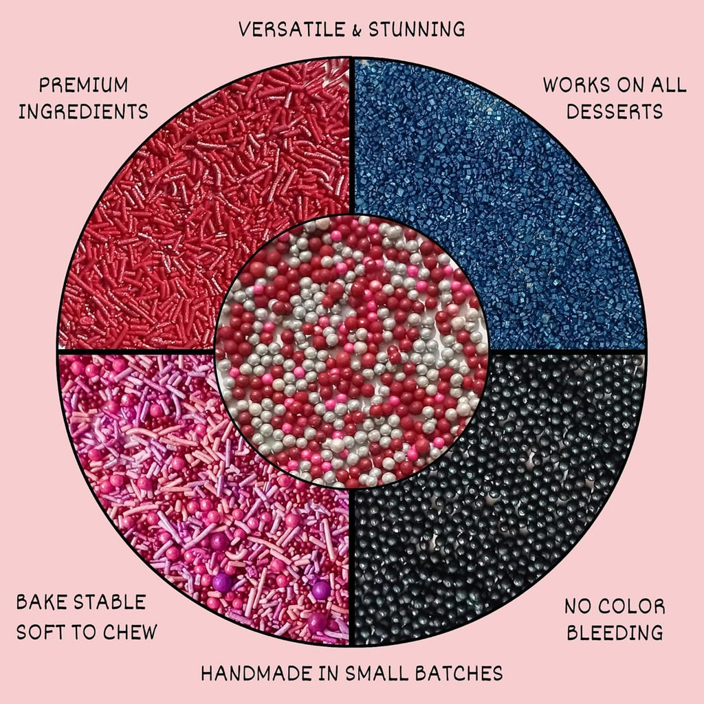 Confect Edible Sprinkles for Cake Decorating - Red Jimmies, Blush Pink Red Gun Metal Silver Pearl Mix with Navy Sparkling Sugar | Vegan, Gluten-Free, Dessert Topping - 5 Oz