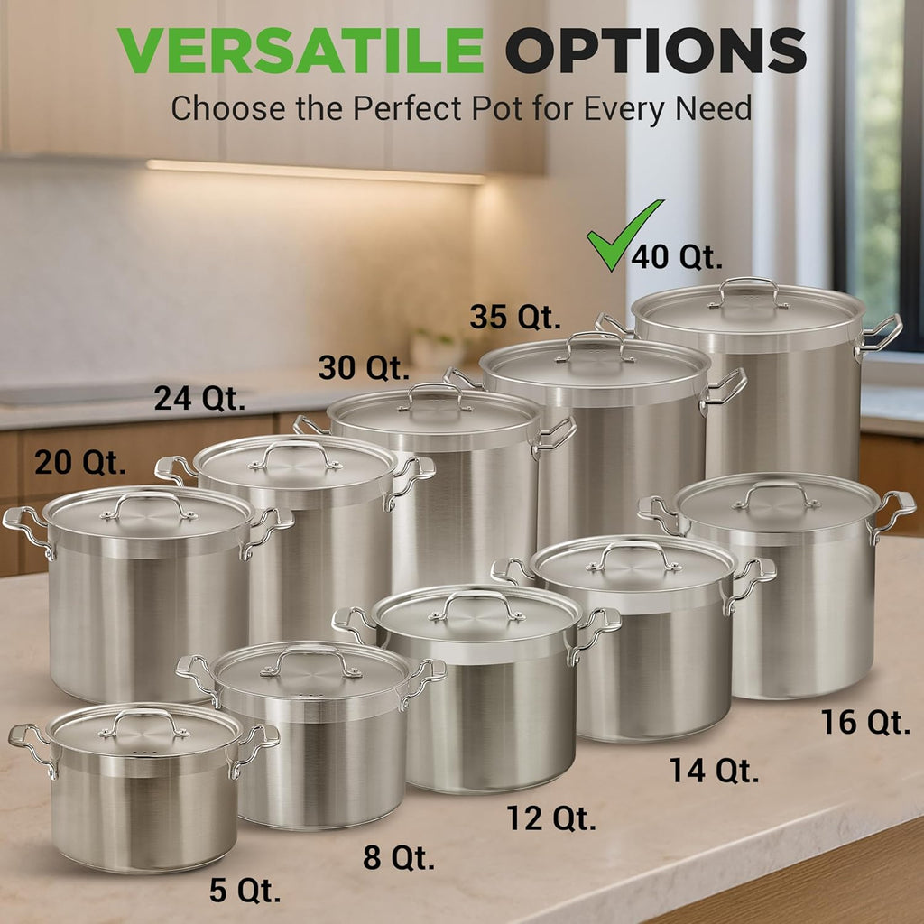 Nutrichef Stainless Steel Cookware Stockpot, 40 Quart Heavy Duty Induction Soup Pot With Stainless Steel Lid And Strong Riveted Handles, Even Heat Distribution, Compatible With Most Cooktops