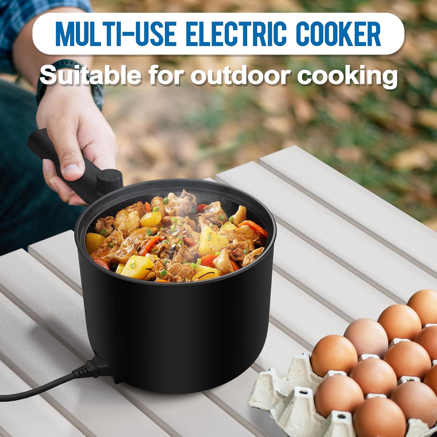 Topwit Hot Pot Electric, 1.5L Ramen Cooker, Portable Non-Stick Frying Pan, Electric Pot for Pasta, Steak, BPA Free, Electric Cooker with Dual Power Control, Over-Heating & Boil Dry Protection, Black