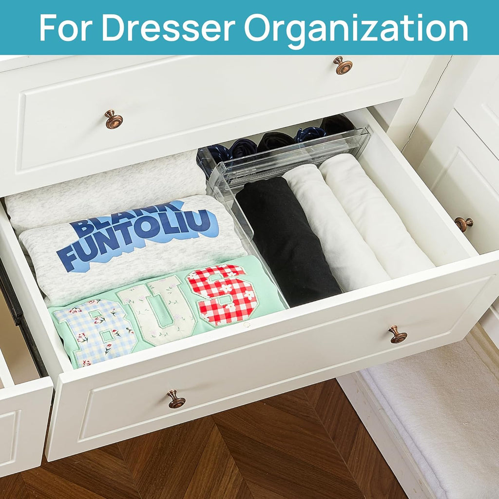 Vtopmart 4 Pack Drawer Dividers for Clothes, 4" High 10.2"-16.6" Adjustable Expandable Dresser Drawer Organizer, Clear Plastic Separators for Dresser, Baby Clothing, Underwear, Cosmetic, Toiletries