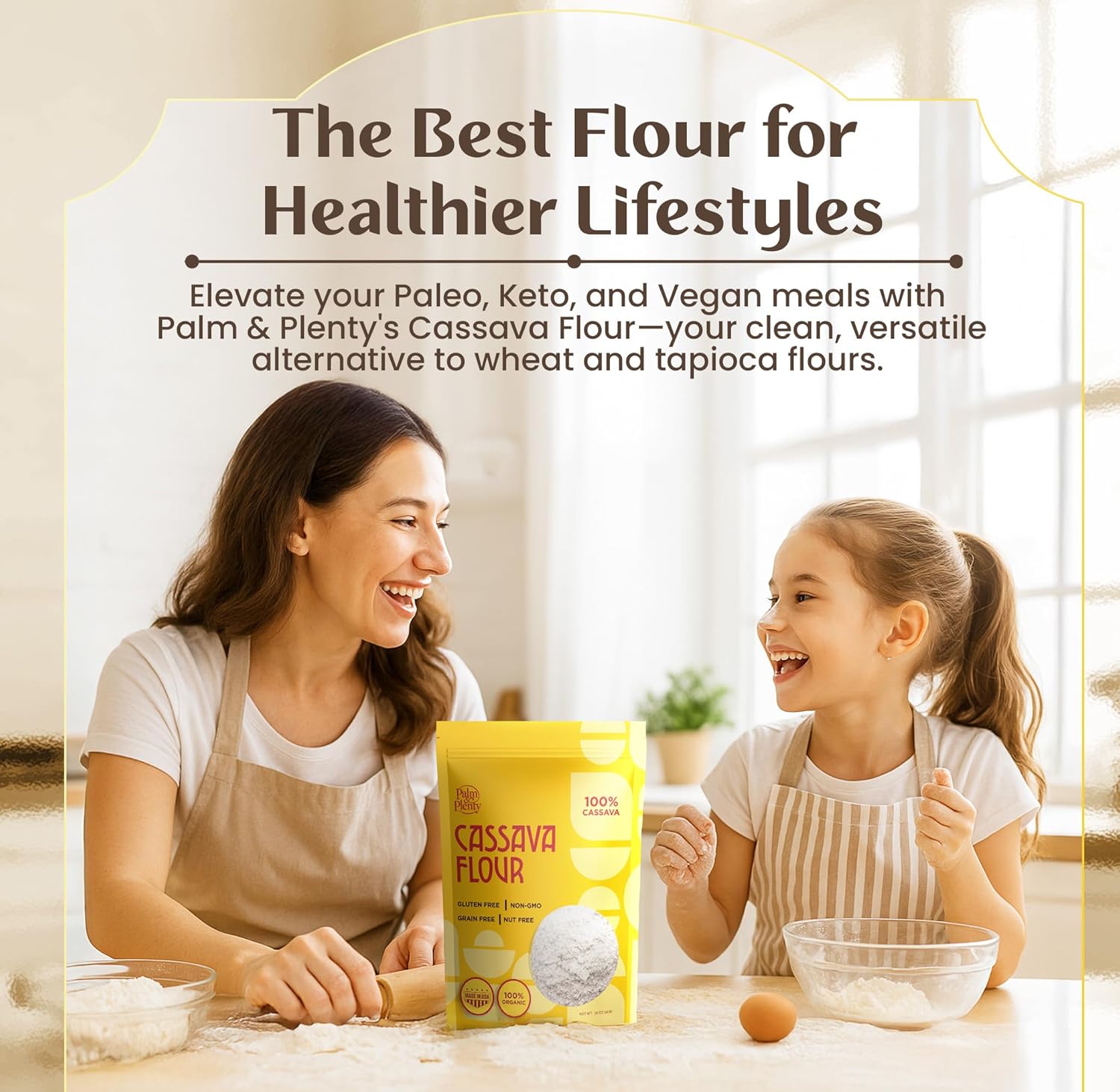 Palm & Plenty Natural Cassava Flour - Gluten Free, Grain Free, and Nut Free All Purpose Flour Alternative - Great for Tortillas, Pancakes, Pasta, and Baking - Non GMO Yuca Root-Based Flour - 2 lb Bag