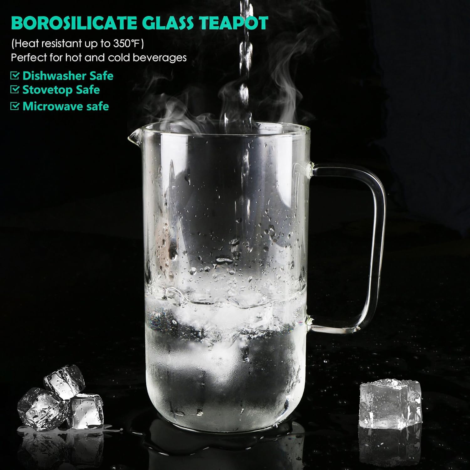 Aquach 51oz Glass Teapot with Stainless Steel Removable Infuser, Stovetop & Dishwasher Safe, Ideal for Loose & Blooming Tea Brewing