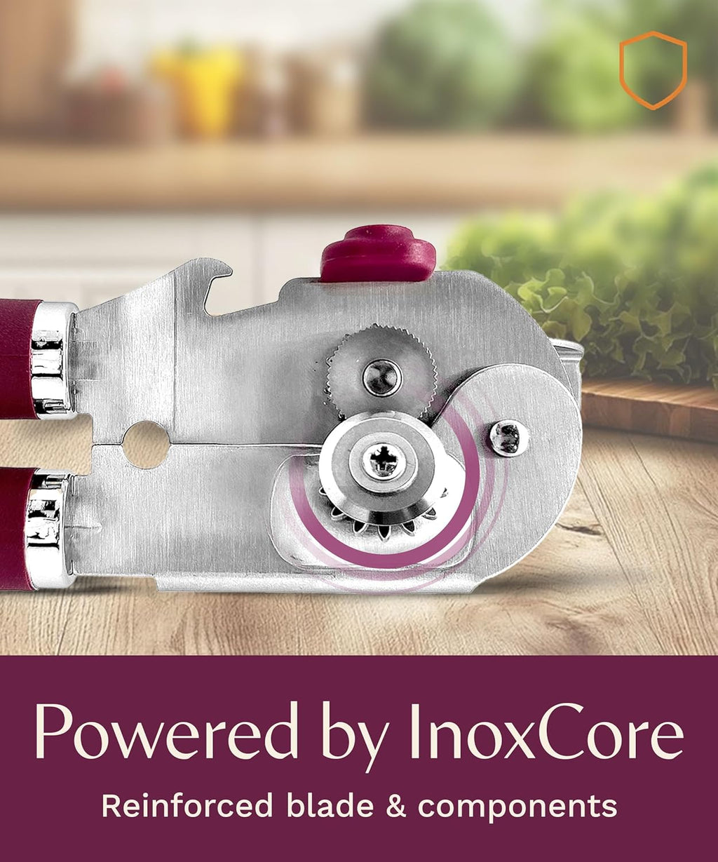 Premium Multifunctional Magnetic Manual Can Opener and Bottle Opener, Heavy Duty Stainless Steel Sharp Cutting Blade and Oversized Easy Turn Knob, Soft-Touch Handle, Kitchen Use, Mauve