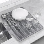 Silicone Dish Drying Mat for kitchen Countertop, Heat Resistant Mats, Dish Drainers for Kitchen counter, Hot Pot Holders, Dish Drying Rack with Built in Drain,(Gray, 15.6"x13")