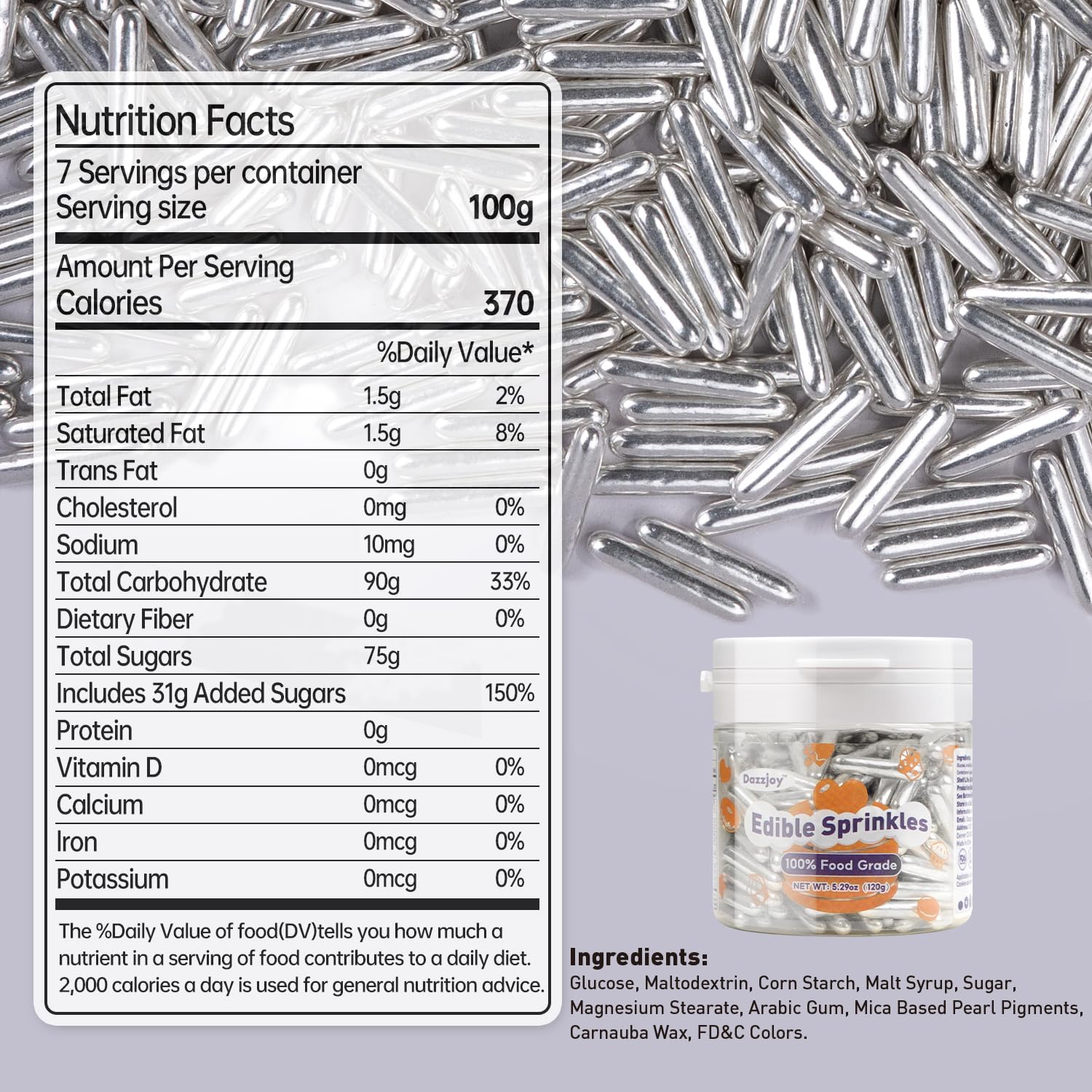 Dazzjoy Silver Rods Sprinkles, Edible Sugar Sprinkles, 120g/4.23oz, Cupcake Toppers, Cake Decorations, Ice Cream, Wedding Party Valentines Easter Supplies