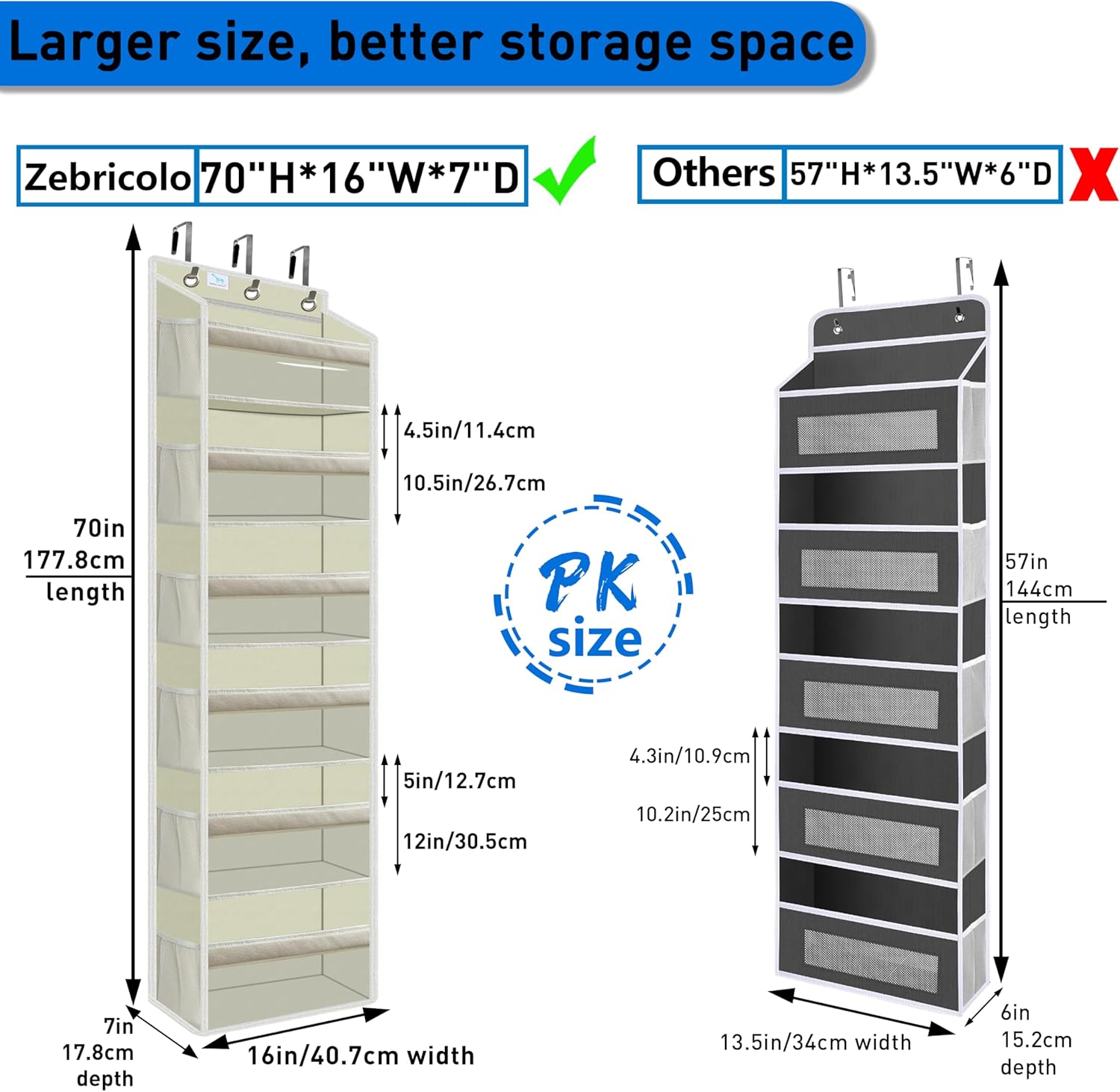 over the door organizer, Solid Bamboo Board (Not Plastic!) 6-Tier Heavy Duty 75LB, 12 Side Pockets, 3 Reinforced Hooks & Anti-Slip Pads, Waterproof & Washable, No Sagging, No Door Damage,Ivory