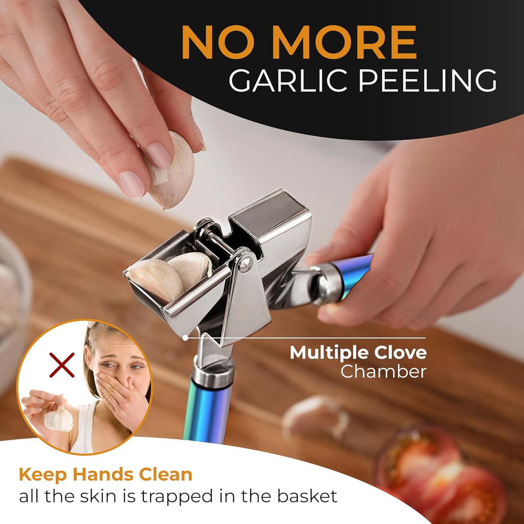 ORBLUE Garlic Press Stainless Steel - Premium Professional Grade Garlic Mincer, Crusher & Peeler Set - Easy Clean, Dishwasher Safe & Rust-proof, Multi-colored