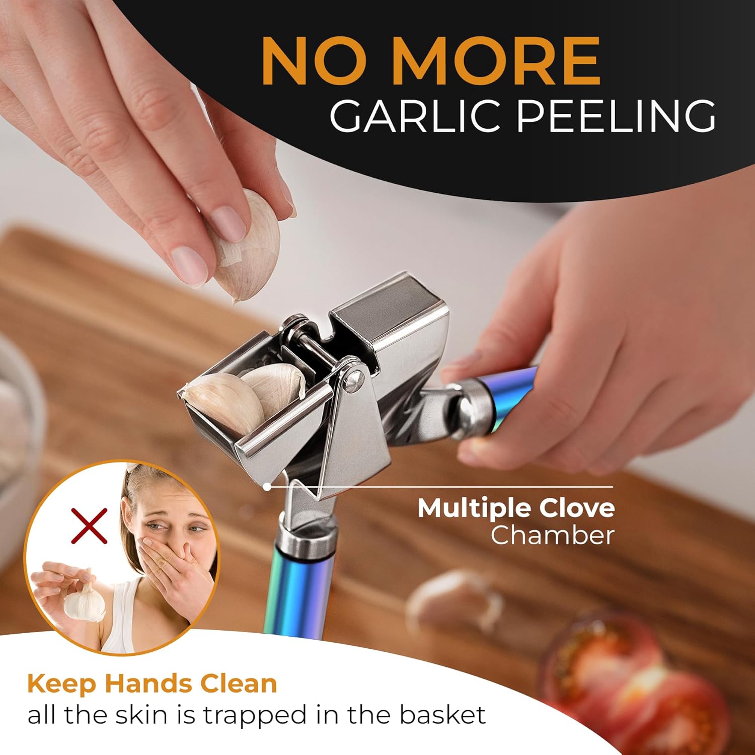 ORBLUE Garlic Press Stainless Steel - Premium Professional Grade Garlic Mincer, Crusher & Peeler Set - Easy Clean, Dishwasher Safe & Rust-proof, Multi-colored