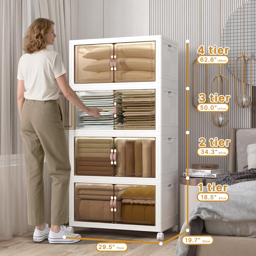 Extra Large Stackable Storage Bins with Lids and Wheels, Foldable Collapsible Closet Organizers,1344QT-168QT/42GAL*8Pack Plastic Stackable Storage drawers for bedroom Dorm