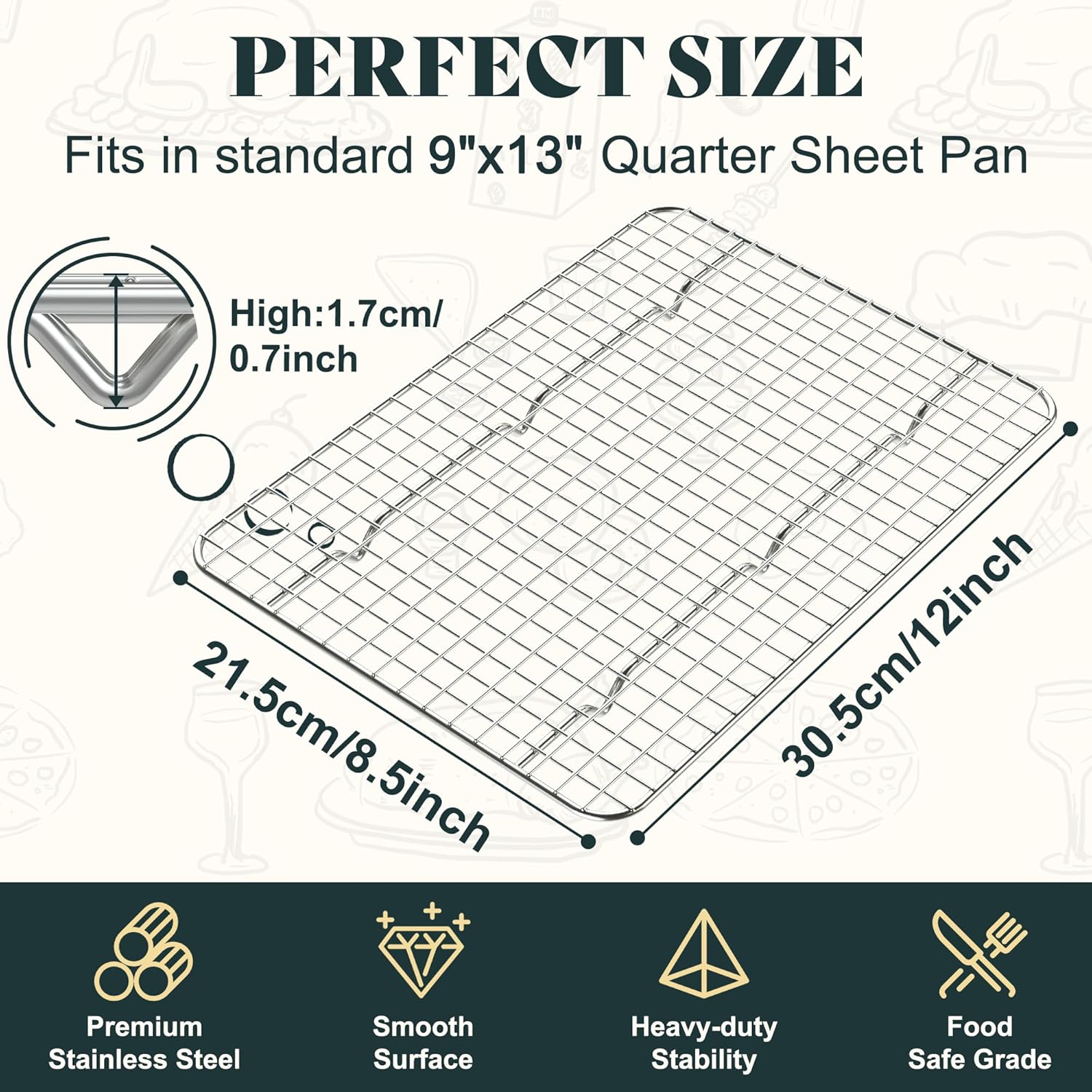 Cooling Racks for Cooking and Baking-8.5"x12" Oven Safe Premium Stainless Steel Heavy Duty Baking Rack Tight-Wire, Fits Quarter Sheet Pan for Roasting & Grilling & Cooking-Set of 2