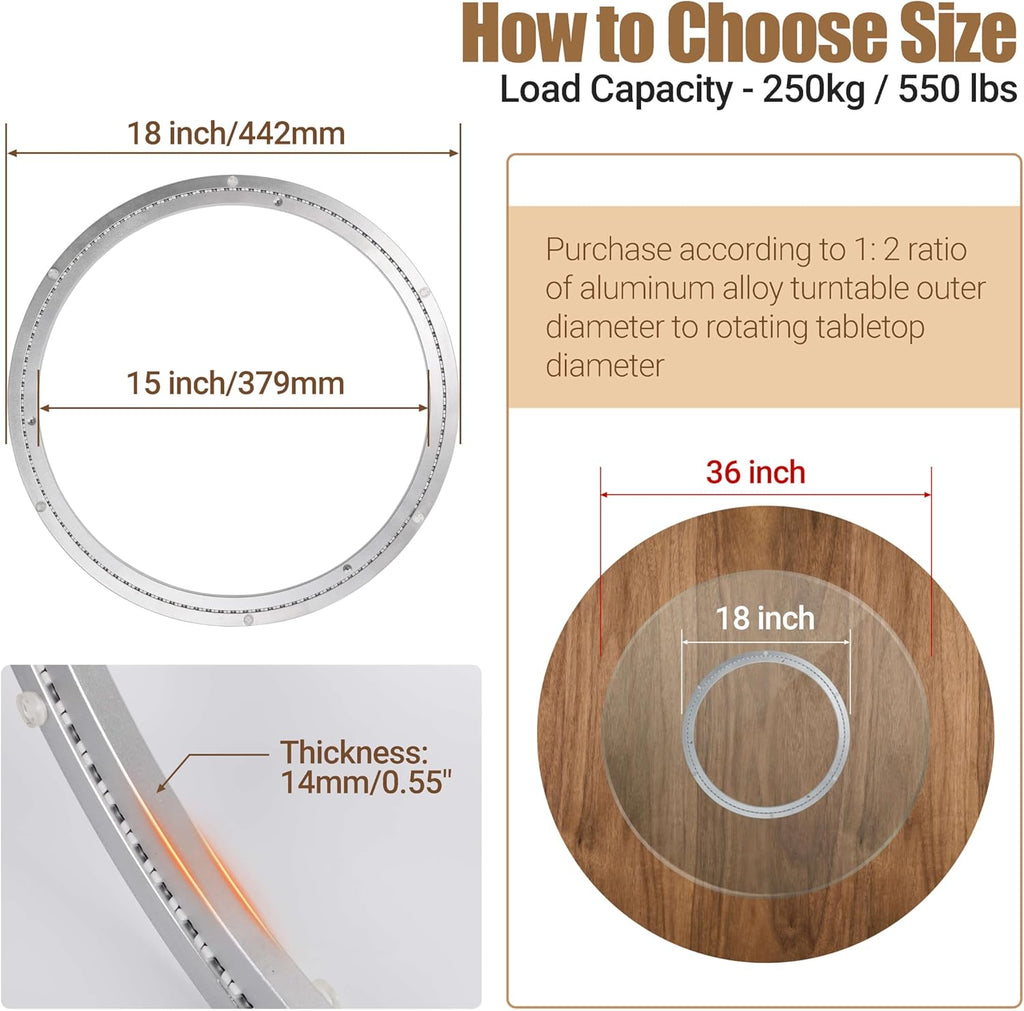 18 Inch Lazy Susan Heavy-Duty Aluminium Alloy Rotating Bearing Lazy Susan Hardware- Mute Bearing Turntable Ring Hardware for Dining and DIY Furniture (Capacity up to 550lb)