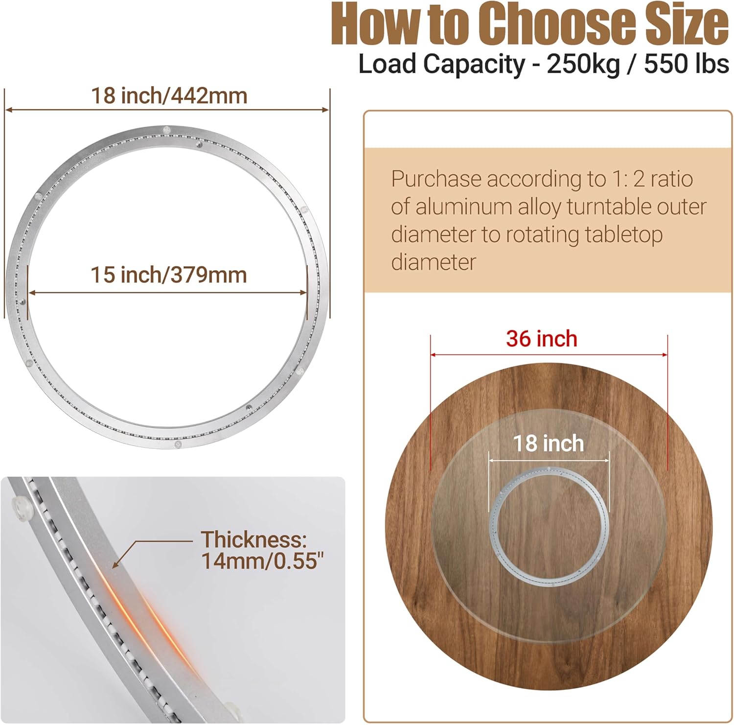 18 Inch Lazy Susan Heavy-Duty Aluminium Alloy Rotating Bearing Lazy Susan Hardware- Mute Bearing Turntable Ring Hardware for Dining and DIY Furniture (Capacity up to 550lb)