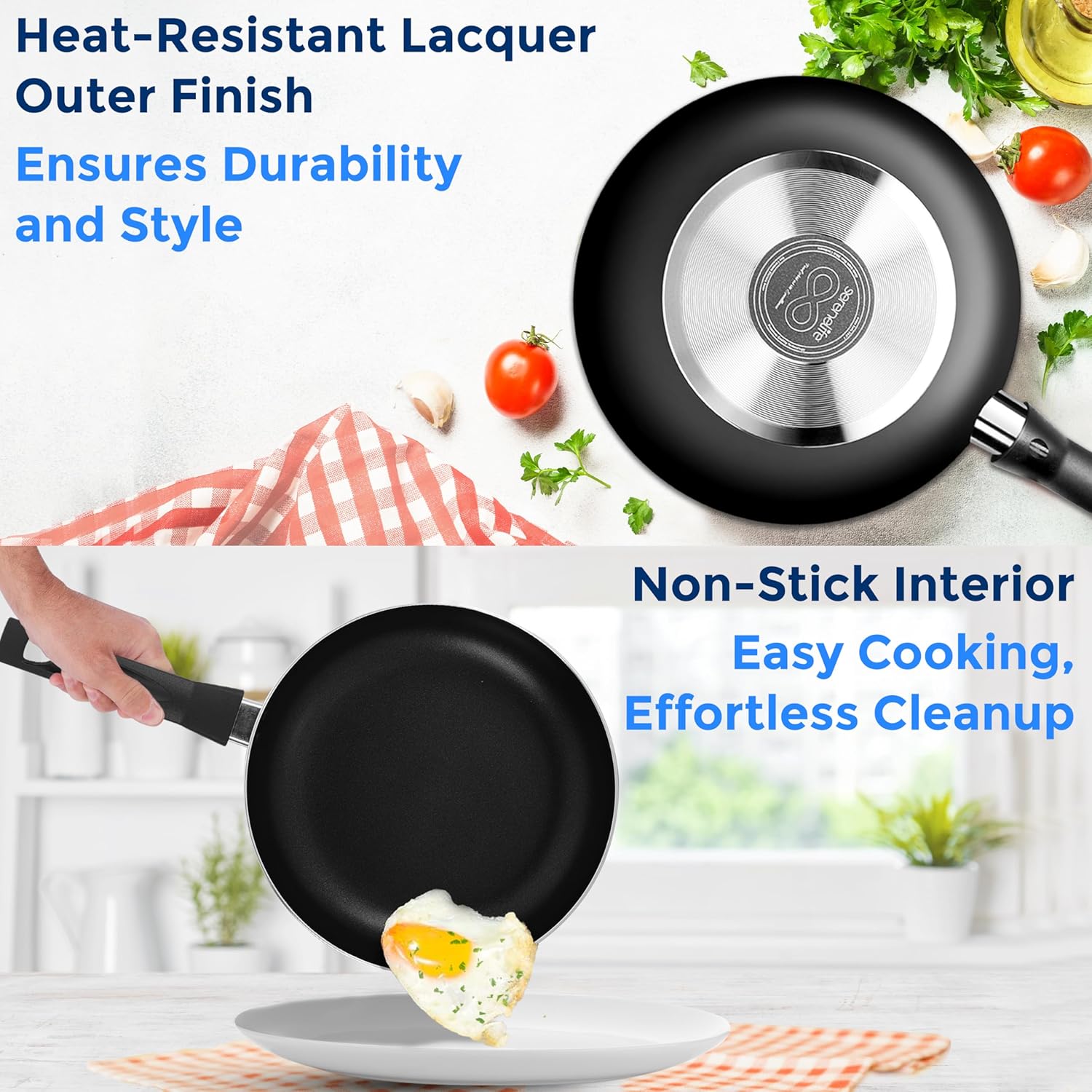 SereneLife Kitchenware Pots & Pans Basic Kitchen Cookware, Black Non-Stick Coating Inside, Heat Resistant Lacquer (11-Piece Set), One Size, Black