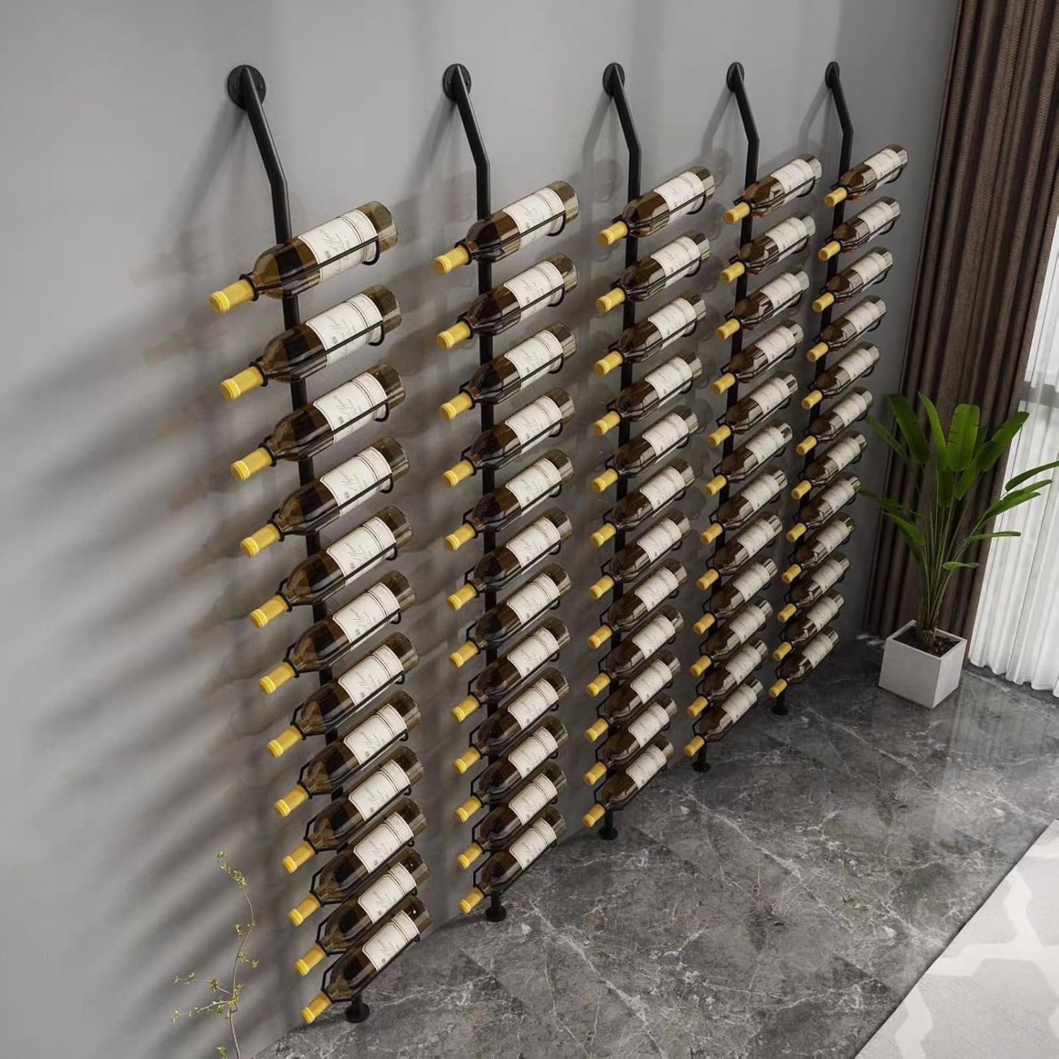 Wine Rack Wall Mounted, 72.8in High Metal Wine Bottle Holder for 12 Bottles, Kitchen Organization and Wine Storage for Commercial Restaurants Pantry Bar Wine Cellar (Black, Four rows-48 Bottles)