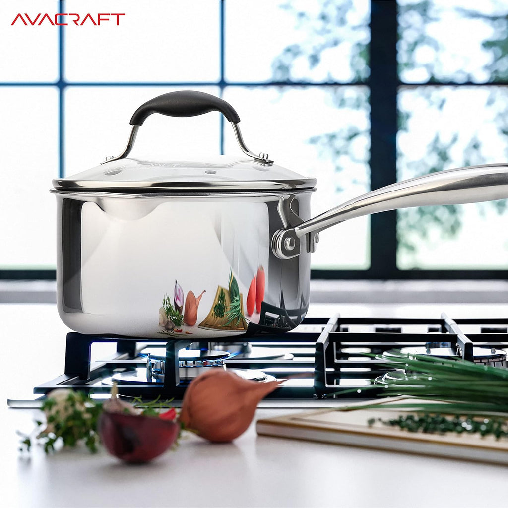 AVACRAFT Nonstick Saucepan with Glass Lid, Strainer Lid, 100% PTFE, PFOA Toxins Free, Two Side Spouts for Easy Pour, Multipurpose Sauce Pan with Lid, Ceramic Sauce Pot (2.5 QT Non-Stick Saucepan)