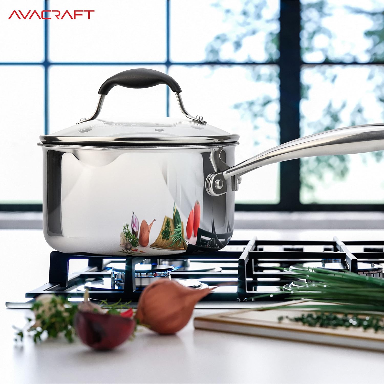 AVACRAFT Nonstick Saucepan with Glass Lid, Strainer Lid, 100% PTFE, PFOA Toxins Free, Two Side Spouts for Easy Pour, Multipurpose Sauce Pan with Lid, Ceramic Sauce Pot (2.5 QT Non-Stick Saucepan)