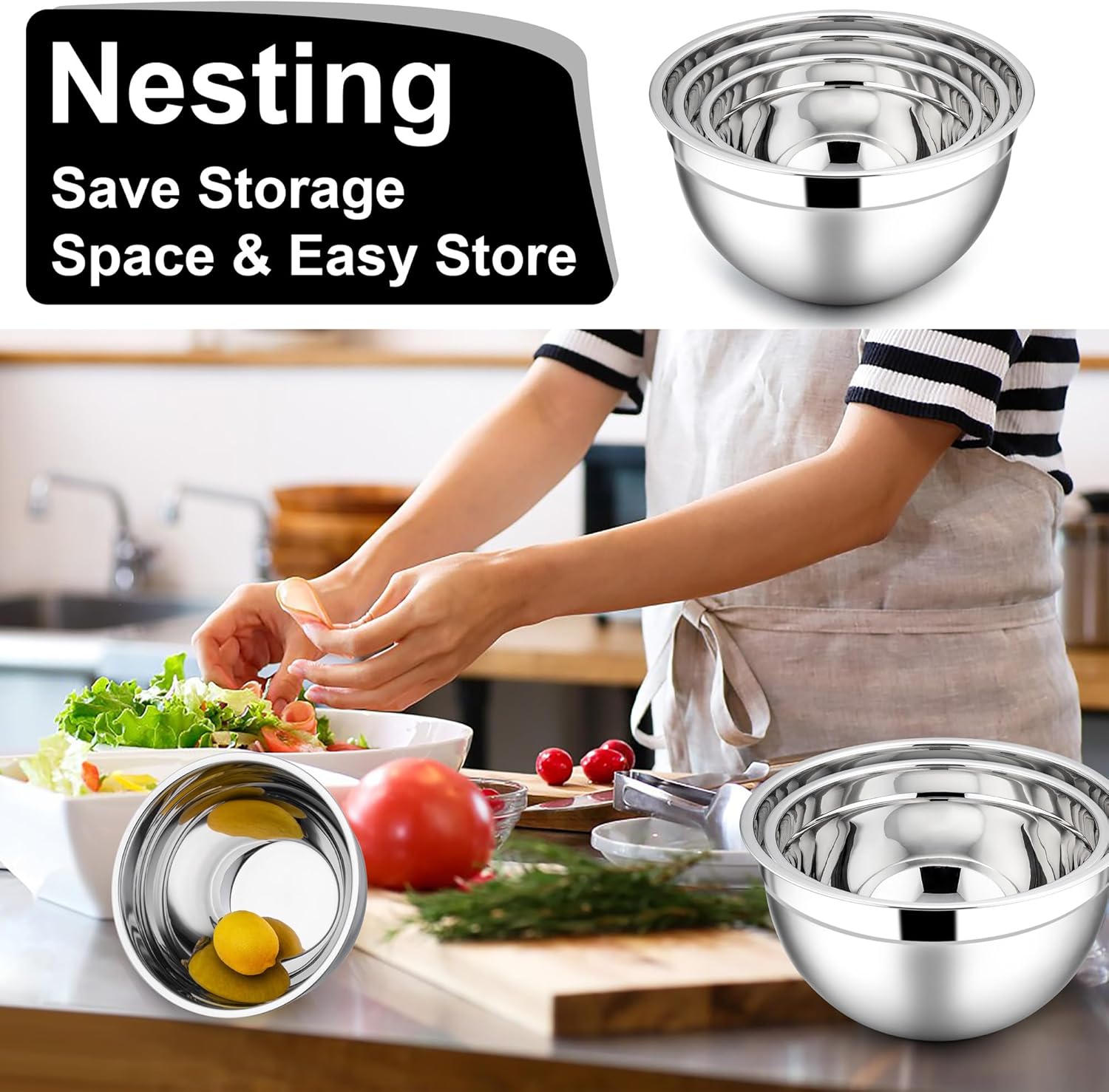 E-far Mixing Bowls with Lids, 6-Piece Stainless Steel Salad Bowls Metal Nesting Bowls for Baking Cooking and Prepping, Airtight Lids & Stackable Design, Size 4.5, 3, 1.5 QT (Black)
