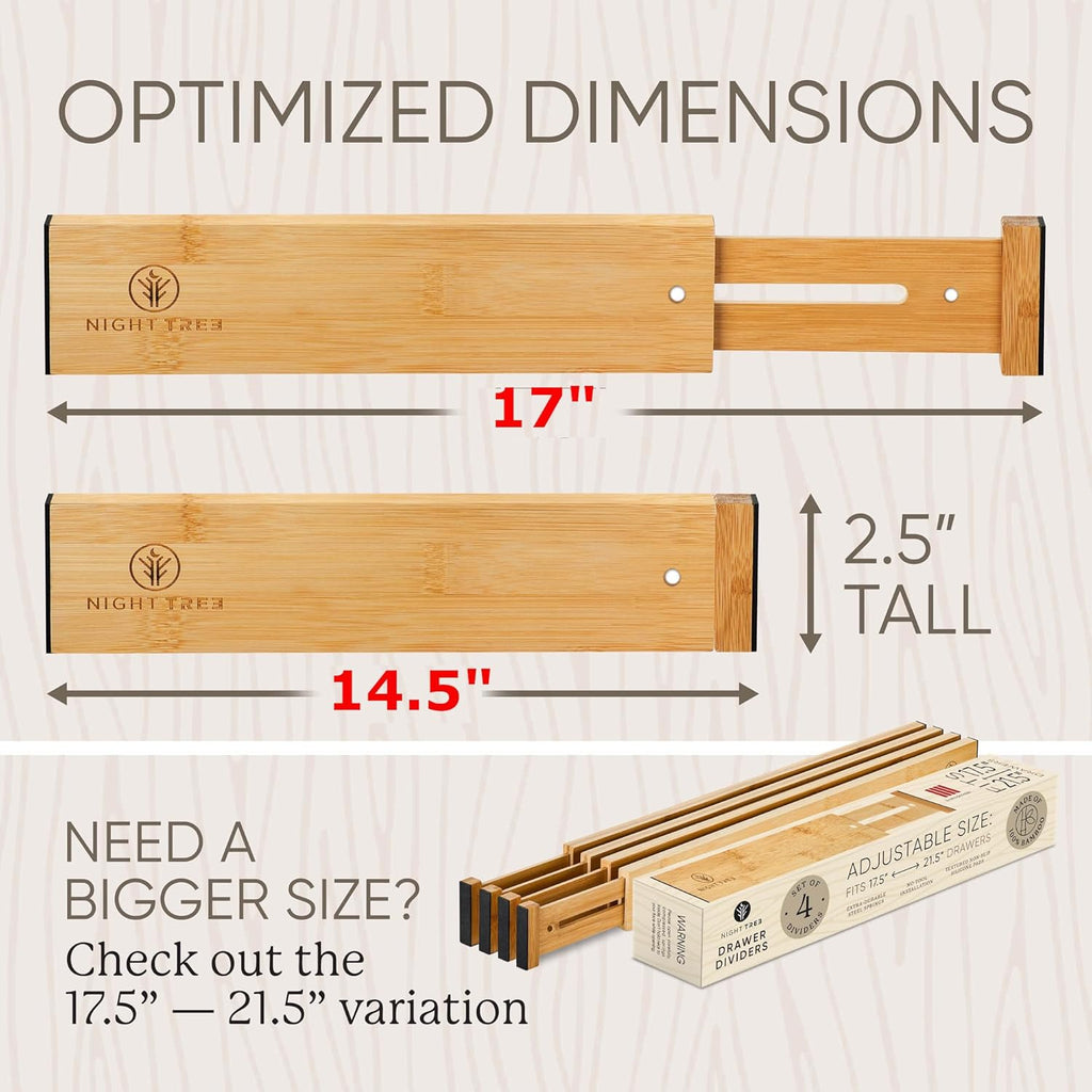Night Tree Expandable Bamboo Drawer Dividers – Spring-Loaded Wooden Organizers for Clothes, Kitchen Utensils, Bathroom, and Dresser Drawers (14.5" to 16.5")