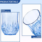 48 PCS Blue Stemless Wine Glasses，Plastic Reusable Cups 9OZ Vintage Drinking Glasses Tumblers for Whisky, Beer, Juice, Beverages, Cocktai