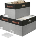 Large Collapsible Fabric Storage Bins with 3 Handles, Foldable Organizer Baskets for Closet, Shelves, Living Room | 3 Pack, Durable PU & Metal Handles (17"x11.8"x11.8", Black & Gray)