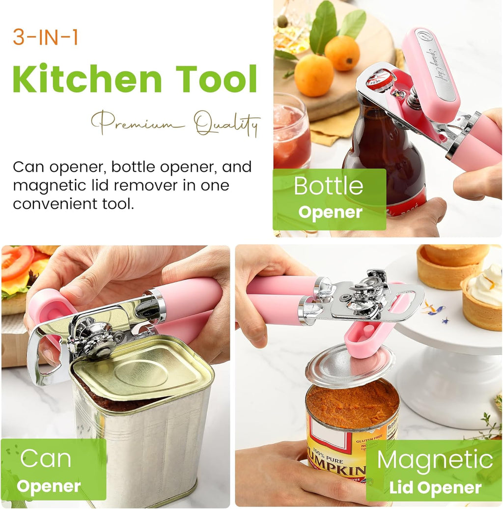 Spring Chef Stainless Steel Can Opener - Manual with Soft Grip Handles, Easy Turn, Heavy Duty Hand Can Openers for Seniors with Smooth Edge - Magnetic Lid Remover - Pink Lemonade