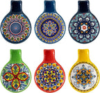 Ceramic Spoon Rest for Stove Top, Large Spoon Holder for Kitchen Counter, Cooking Utensil Rest for Ladle, Spatula, Tongs, Housewarming Gifts Set of 6 - Bohemian Style