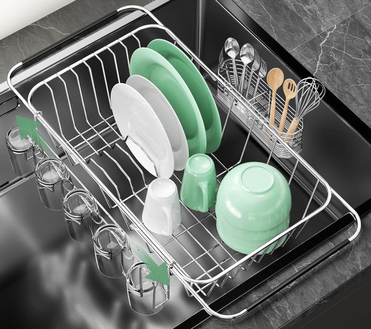 Small Dish Drying Rack in Sink, Extendable Stainless Steel Dish Drainers for Kitchen Counter, Anti-Rust Dish Dryer Rack with Utensil & Cup Holders, for Inside Sink, Over The Sink(for 1-2 People)