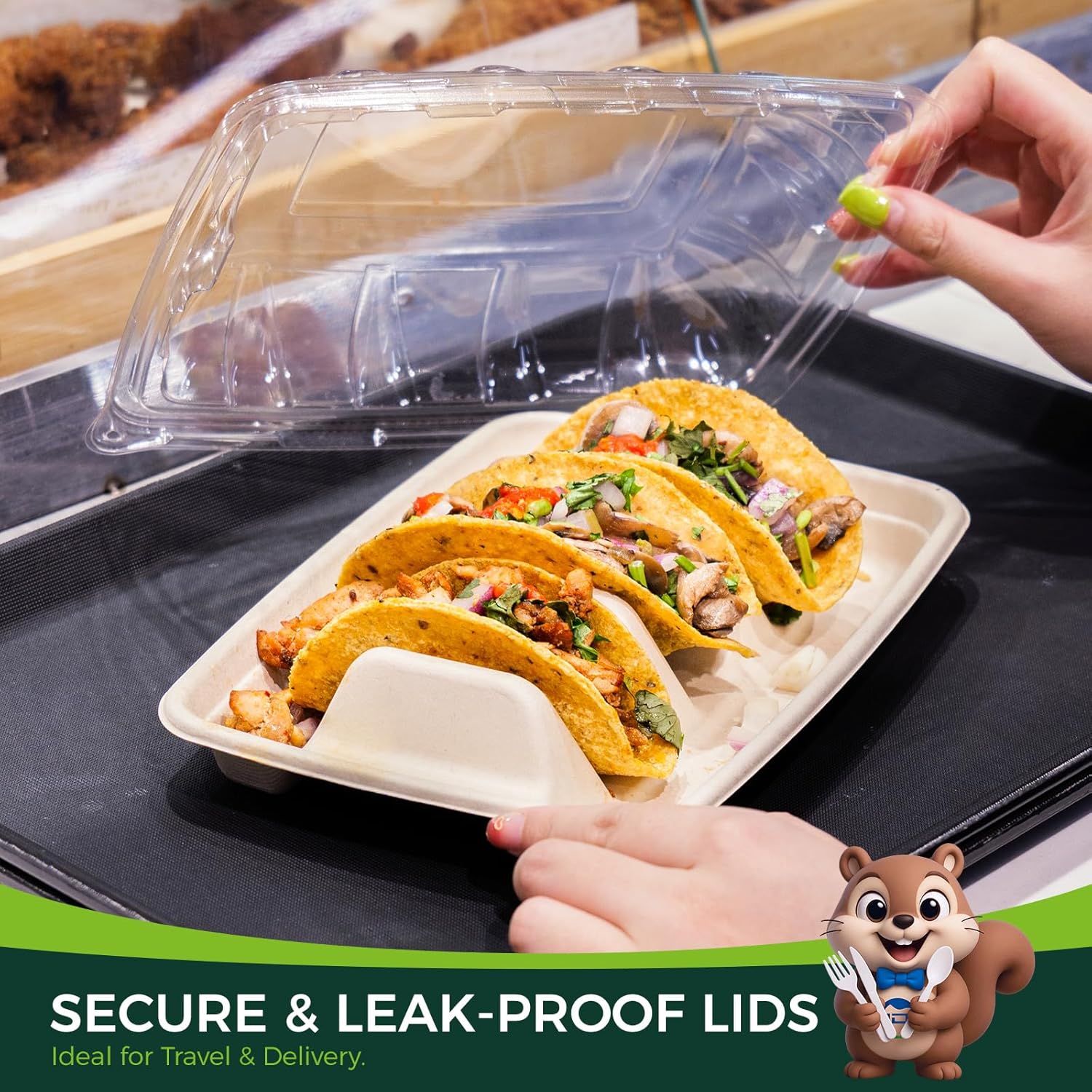 25-Pack 100% Compostable Biodegradable Paper Taco Holders, Eco-Friendly Disposable Paper Taco Tray for Taco Tuesday, Lazy Susan Taco Bar (25-Pack with lids)