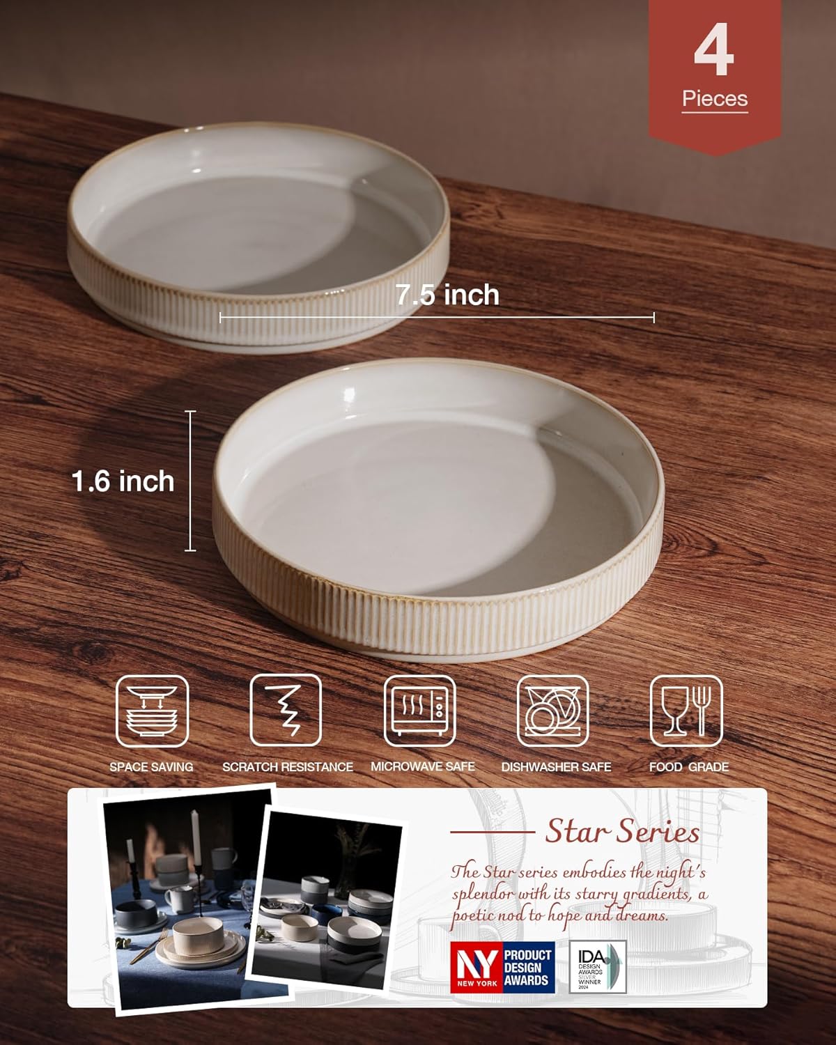 famiware Star 7.5" Pasta Bowls Set, Salad Bowl Set of 4, Double Reactive Glaze, Stackable, Ideal for Your Friend for Housewarming, Festivals, Cappuccino White