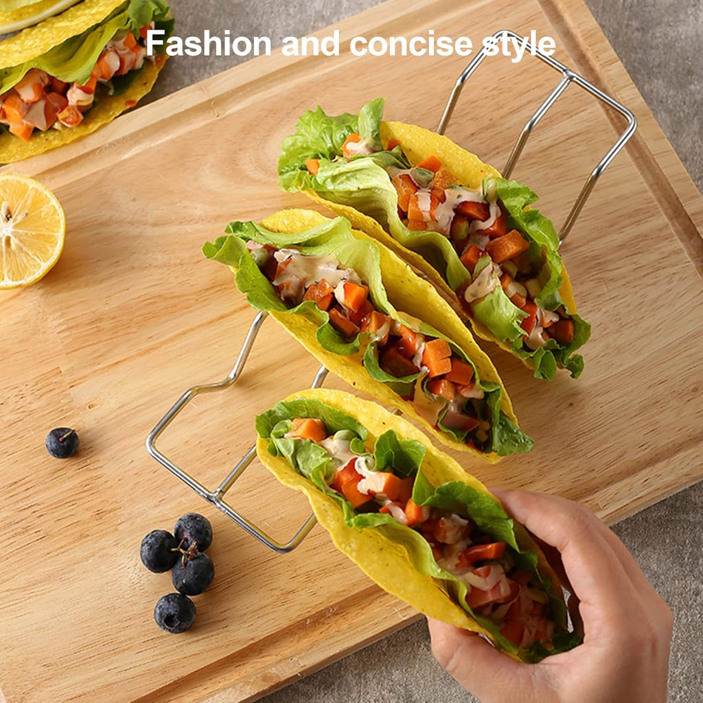 JIBOLAT Taco Holders set of 3,Stainless Steel Taco Shell Holder Stand,Taco Tray Plates for Taco Bar Gifts Accessories,Holds 4 Tacos Each,Oven Safe for Baking, Dishwa sher and Grill Safe