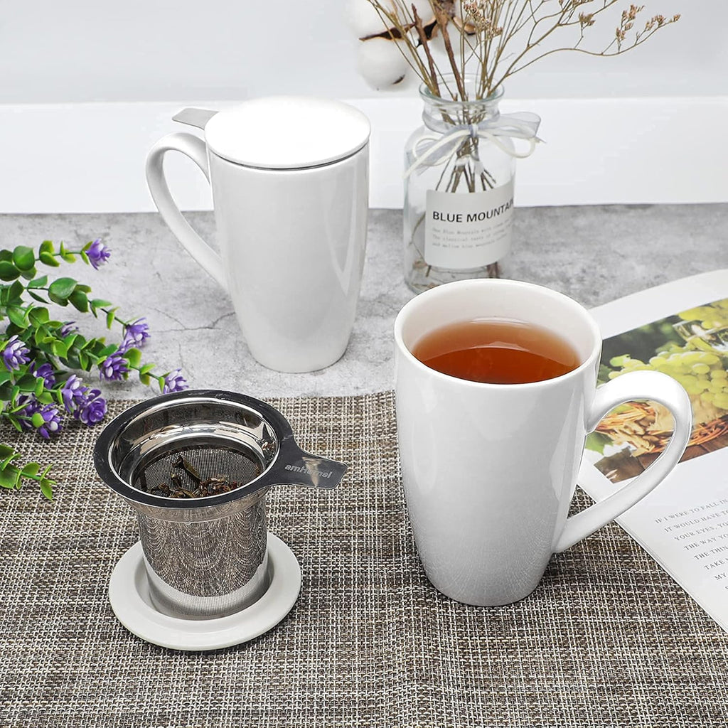 amhomel Porcelain Tea Mug with Infuser and Lid, 16 Ounce Ceramic Tea Cup for Loose Leaf, Coffee, Cocoa and Milk, Tea Gift for Tea Lovers, Set of 2(White)