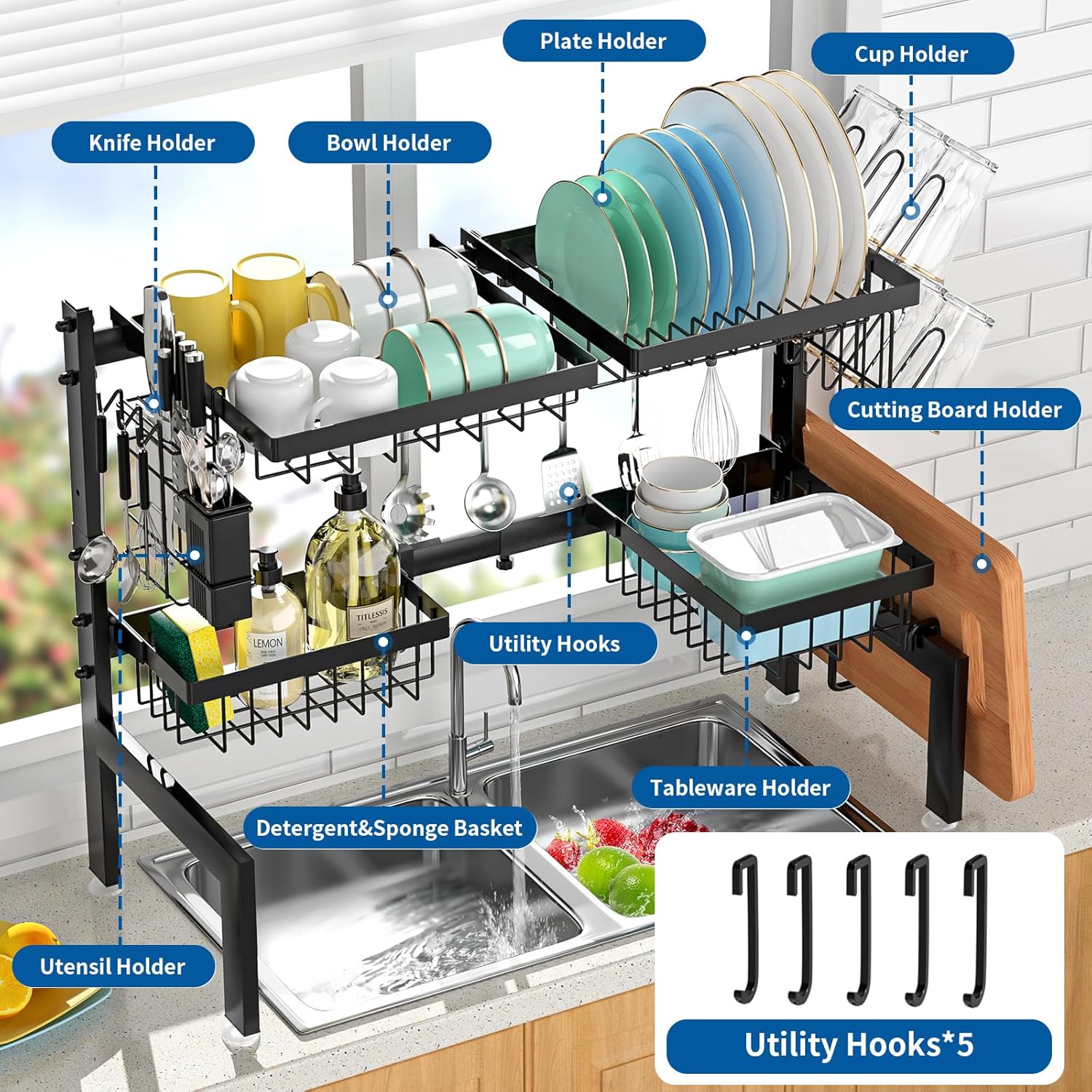 Over The Sink Dish Drying Rack,Expandable 2-Tier Stainless Steel Over The Sink Dish Rack with Utensil Holder Dish Drainers for Kitchen Counter