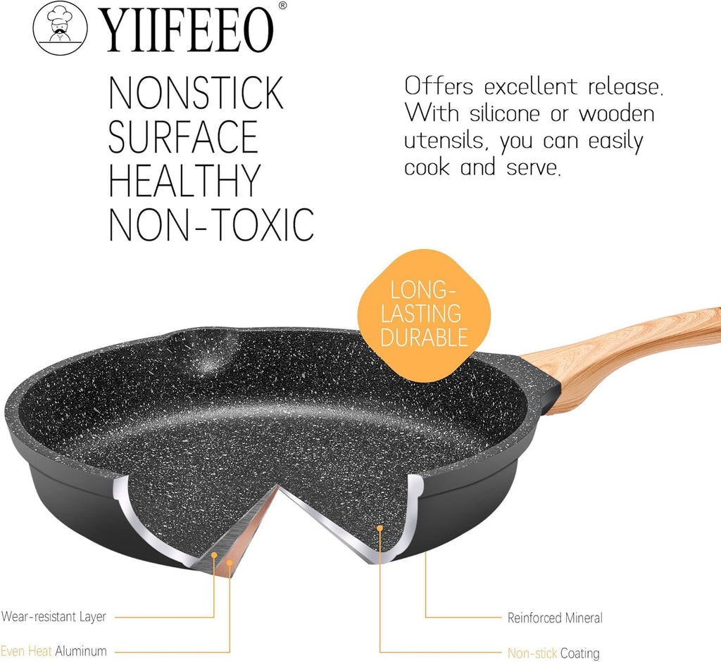 Non Stick Frying Pan Set with Lids, Granite Skillet Set, Egg Omelette Pans for Cooking Pan Set, No Toxic Kitchen Cookware Set Compatible with All Stovetops (Gas & Induction), PFOA Free, Gift